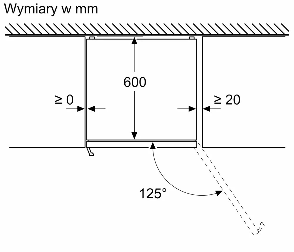 Diagram przedstawiający wymagane wymiary dla instalacji wbudowanej. Wymiary w mm.