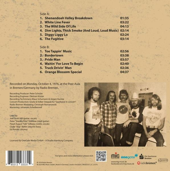 Albumcover mit Text und Bildern einer Band. Die Titellisten von Seite A und B werden angezeigt.