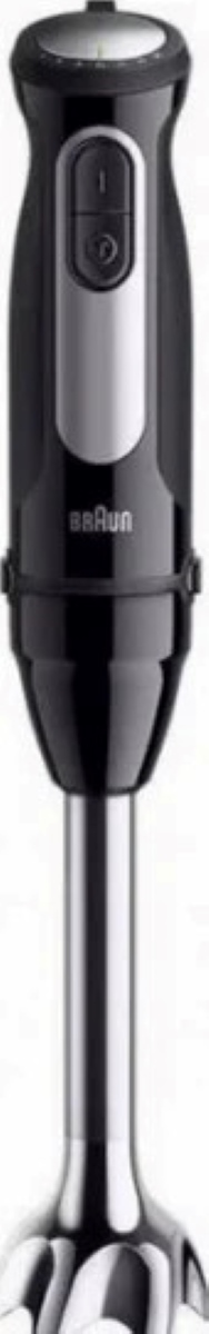 Czarny i srebrny blender ręczny. Ma czarny uchwyt oraz wał i ostrza do mieszania ze stali nierdzewnej.