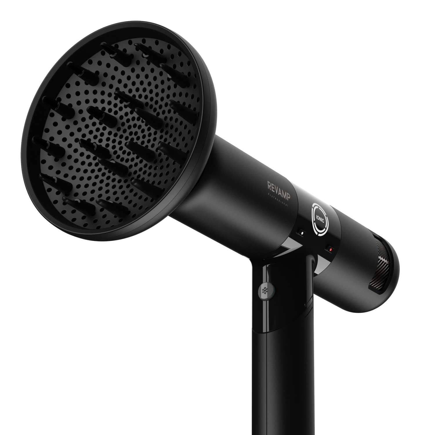 Een zwarte haardroger met een diffuser. De achtergrond is wit.