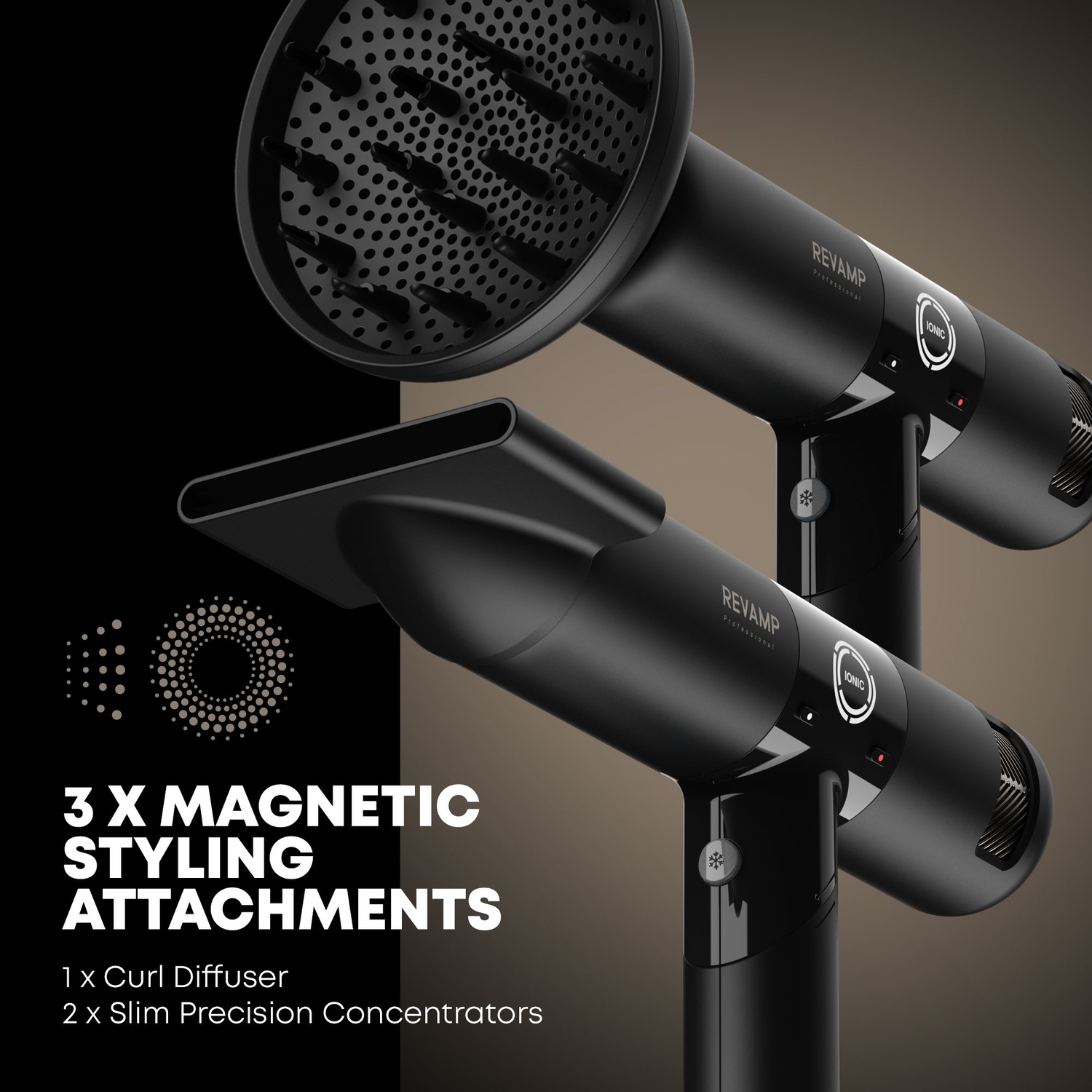 Zwarte haardroger met opzetstukken. Inclusief diffuser en concentrators.
