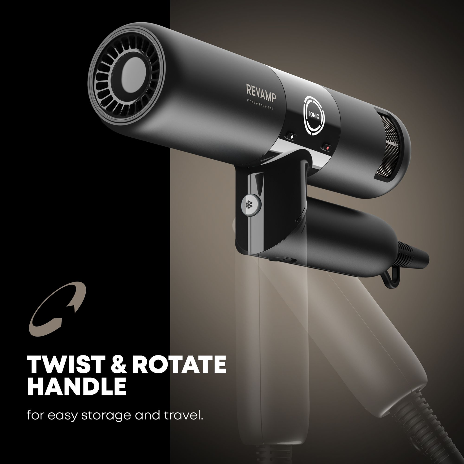 Zwarte haardroger met de tekst 'TWIST & ROTATE HANDLE'. De handgreep is transparant.