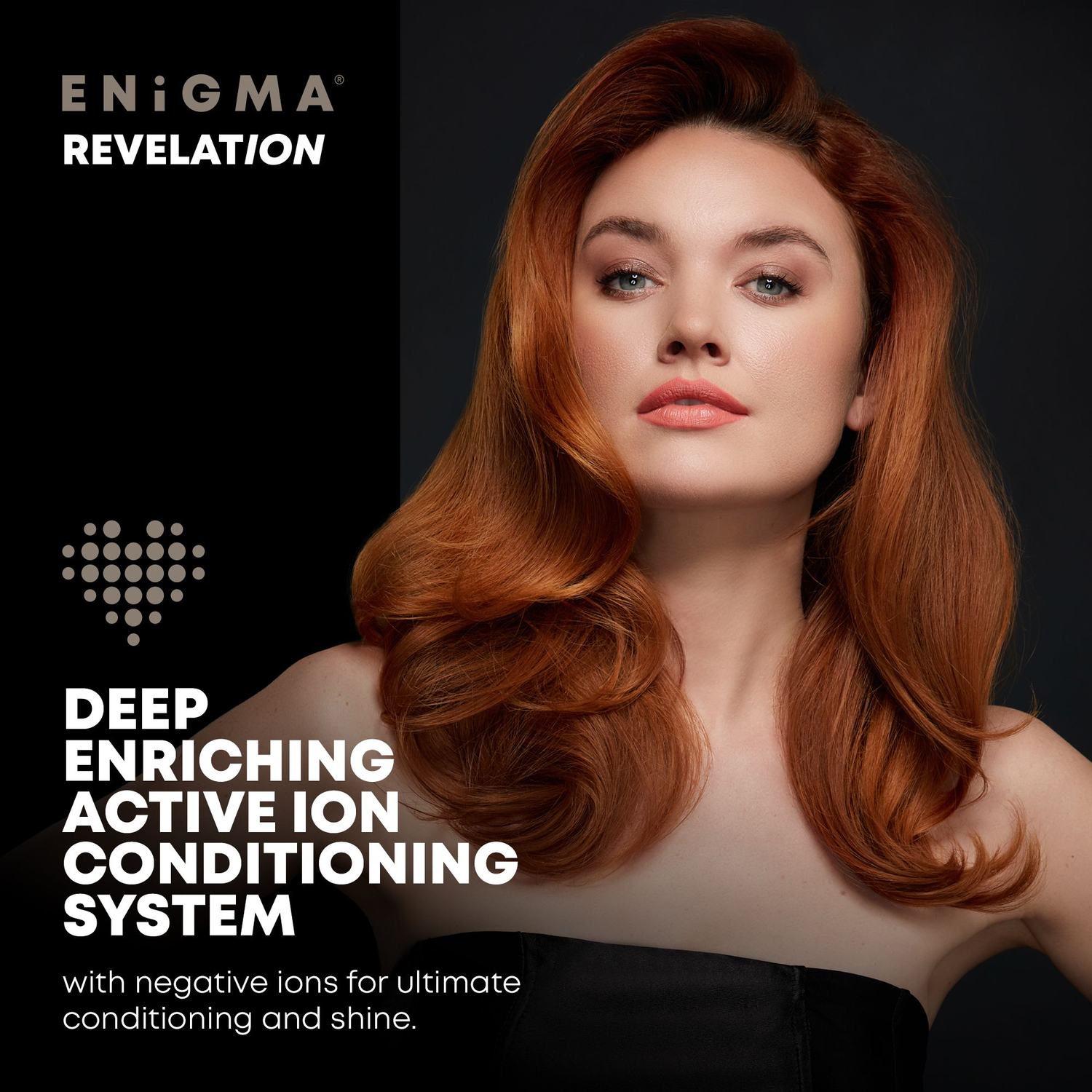 Vrouw met rood haar. Tekst: Deep Enriching Active Ion Conditioning System.