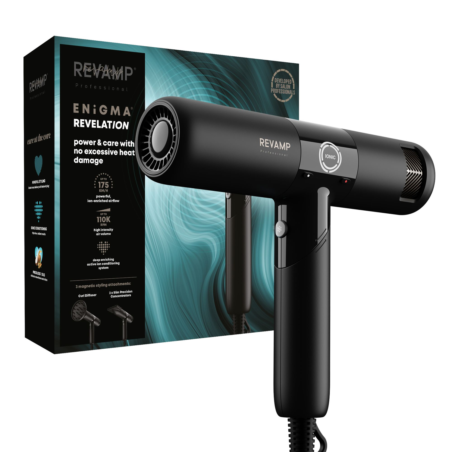 Een zwarte haardroger met zijn doos. Tekst op de doos: Revamp Professional, Enigma Revelation.