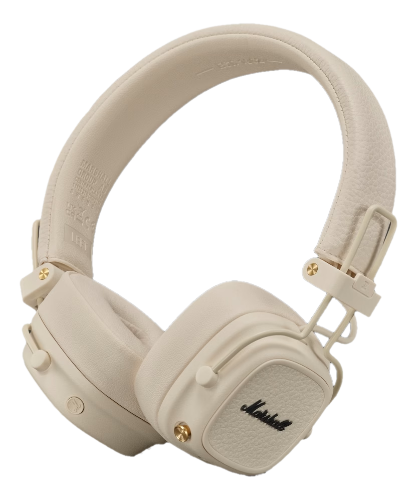 Cuffie Marshall color crema. Vista ravvicinata, con il logo Marshall visibile.