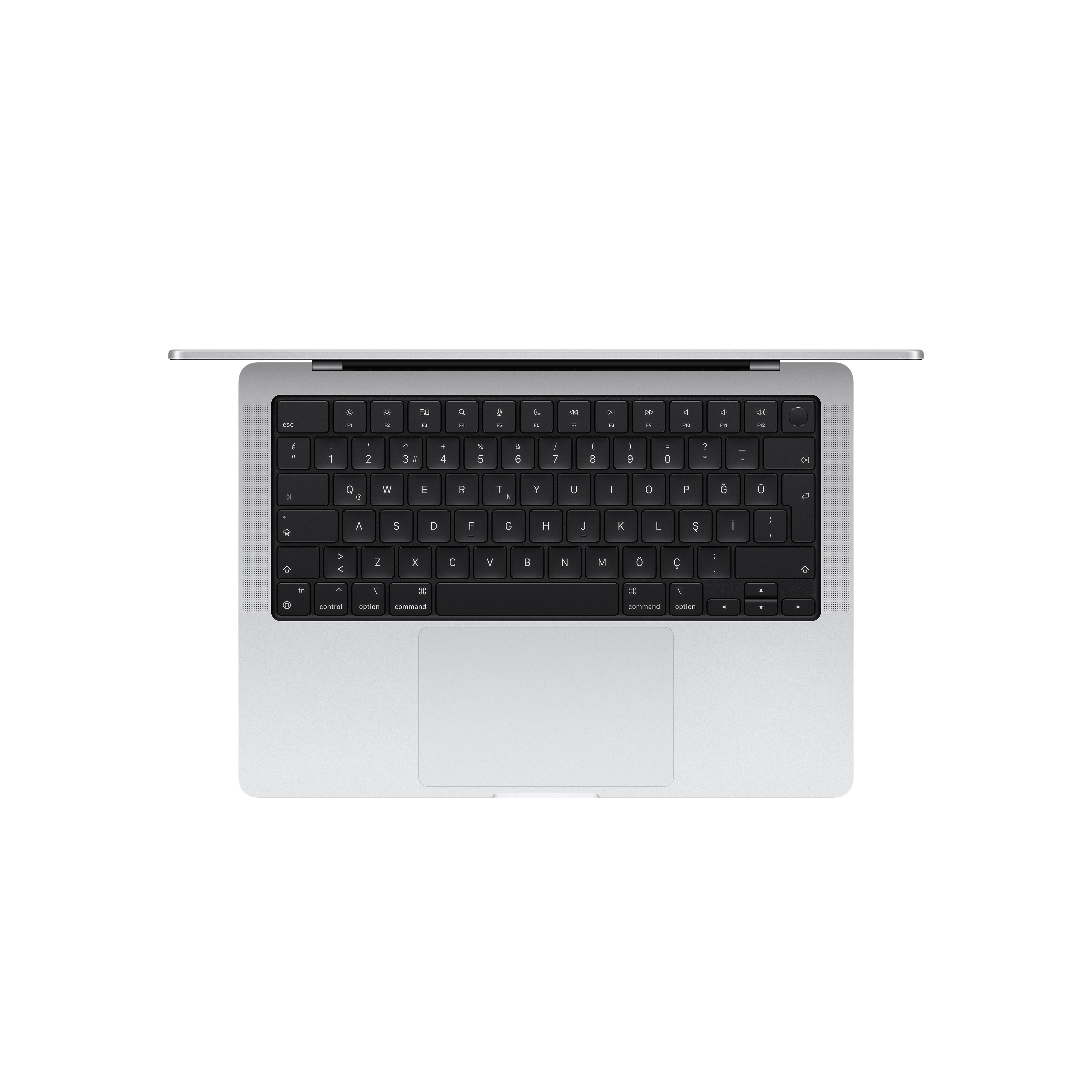Gümüş çerçeveli ve siyah klavyeli bir Macbook'un üstten görünümü. Klavye açık ve izleme dörtgeni görünüyor.