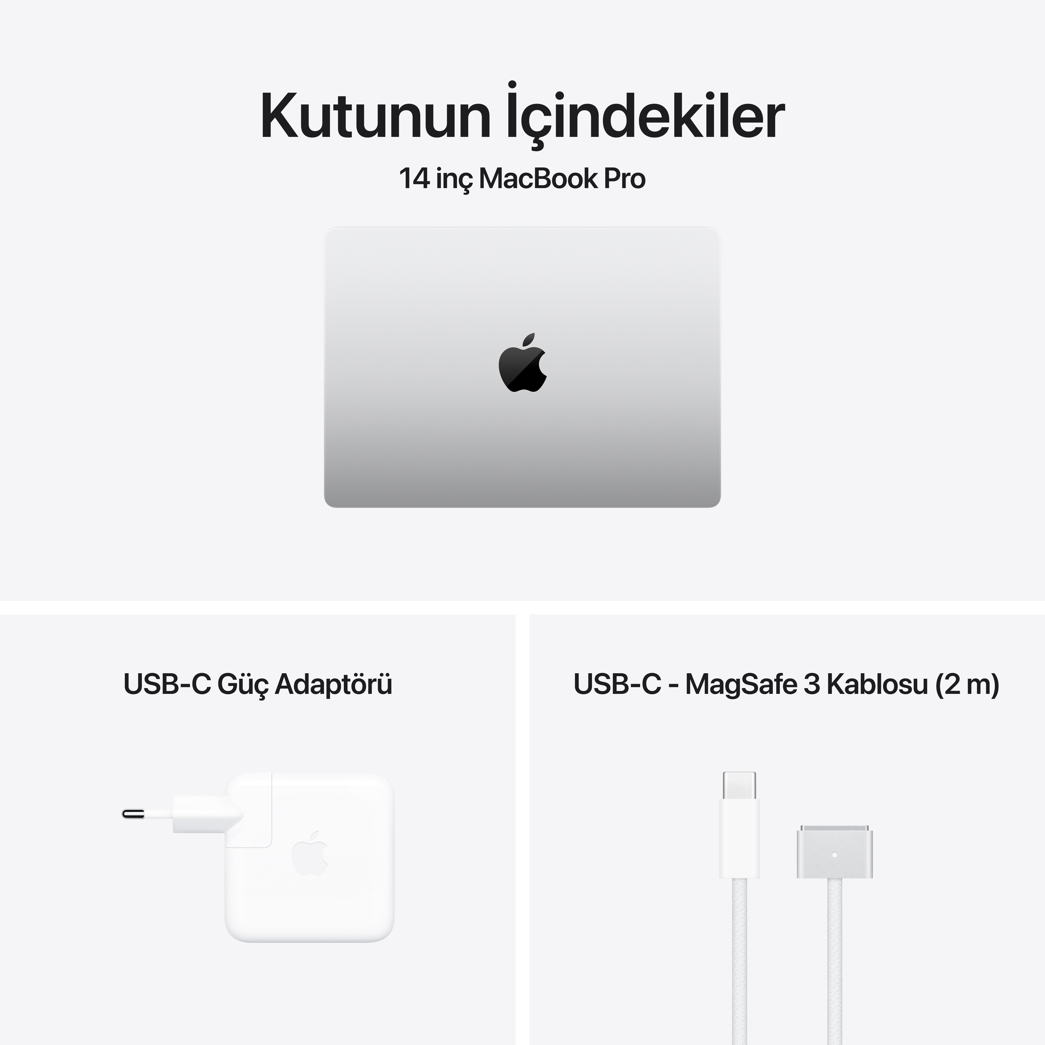 Beyaz bir arka plan üzerinde bir MacBook Pro, güç adaptörü ve bir USB-C - MagSafe 3 kablosu görüntüleniyor.