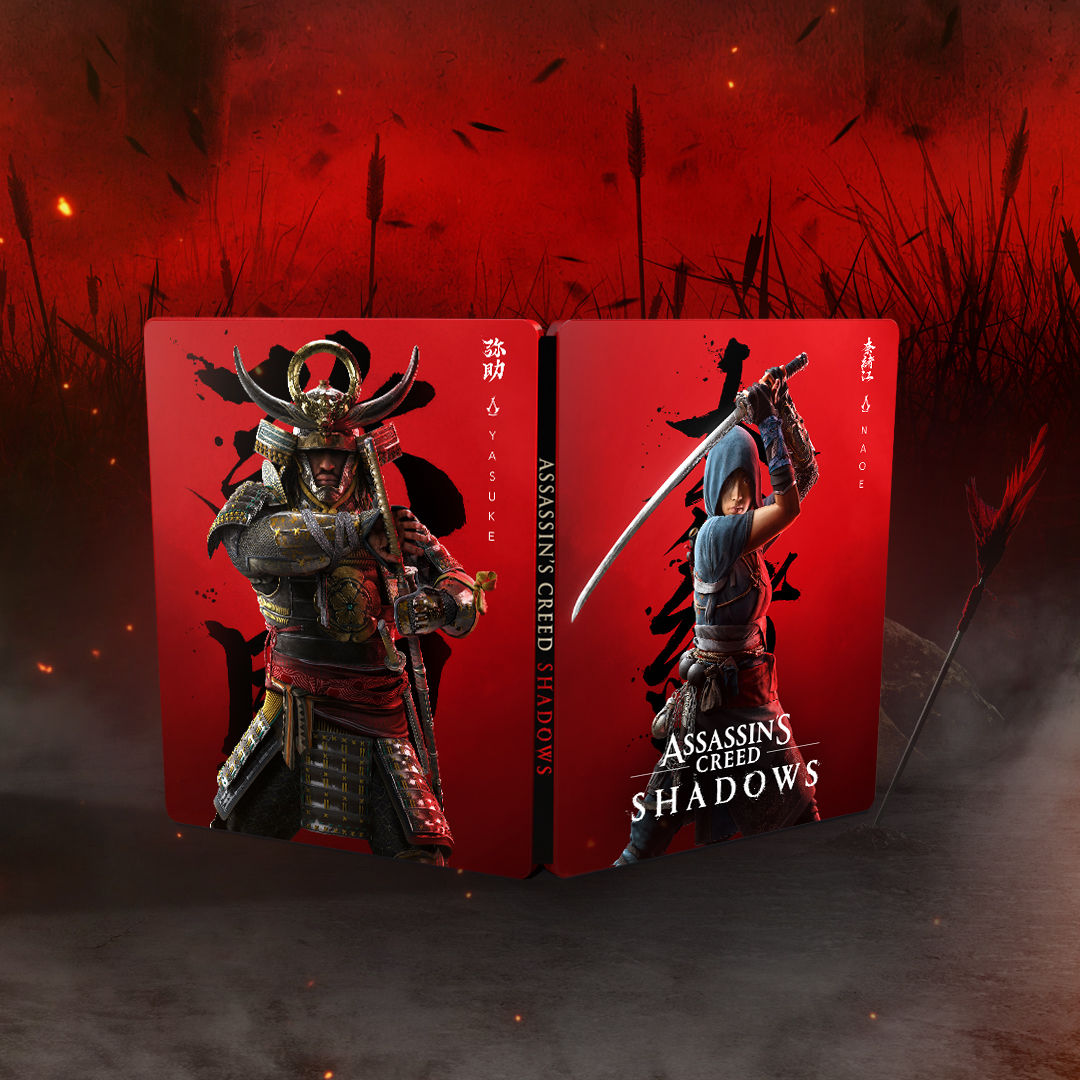 Spielhülle für Assassin's Creed Shadows. Zeigt einen Samurai und eine Kapuzenfigur mit Katana auf rotem Hintergrund.