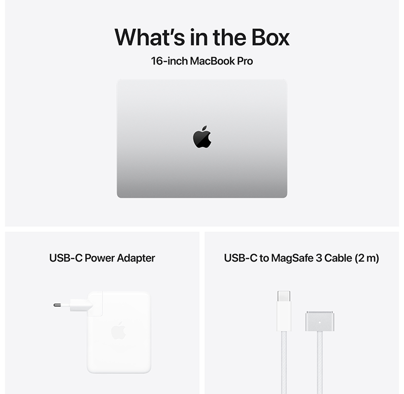 MacBook Pro töltővel és USB-C kábellel fehér háttér előtt.