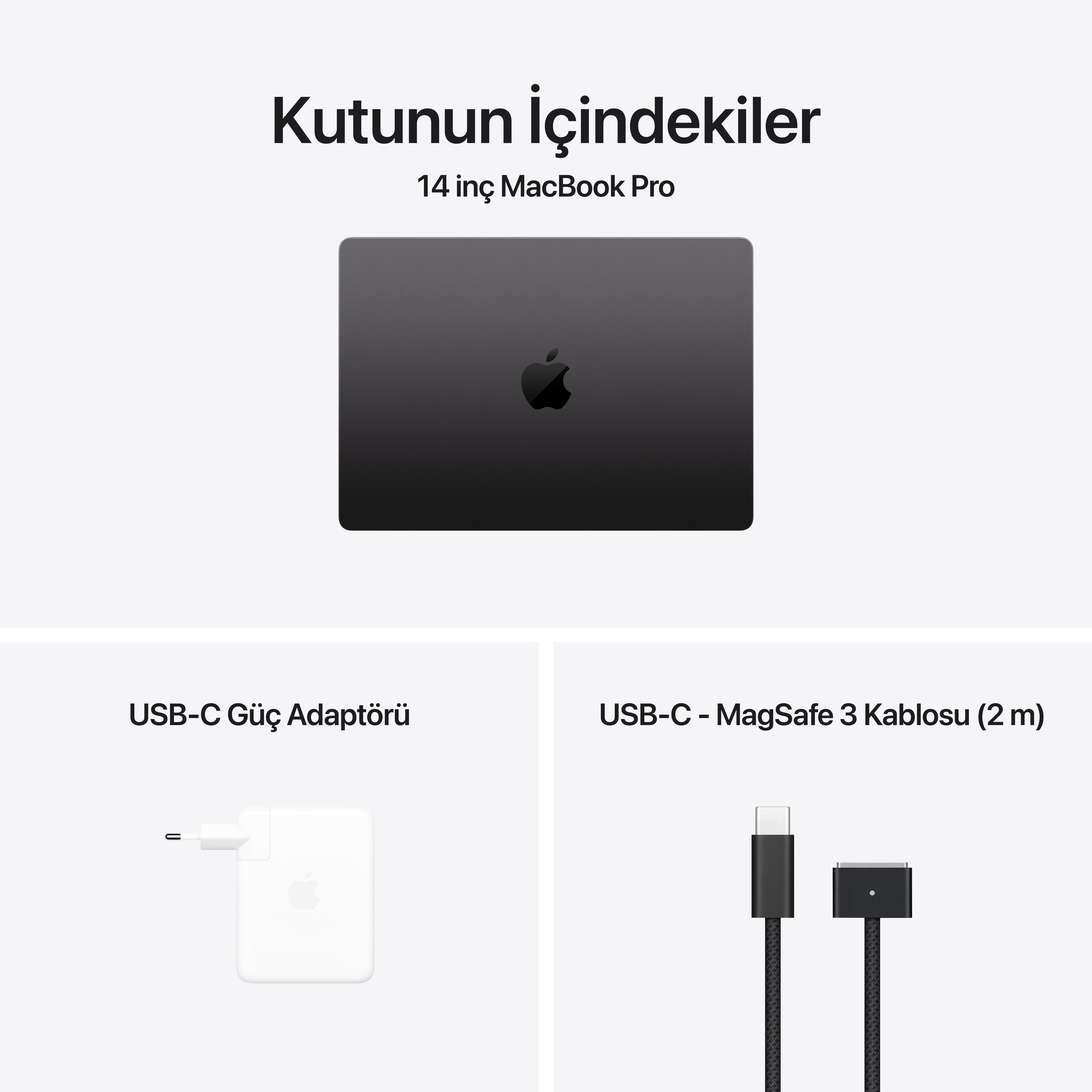 Beyaz zemin üzerinde bir MacBook Pro, güç adaptörü ve USB-C - MagSafe 3 kablosu.