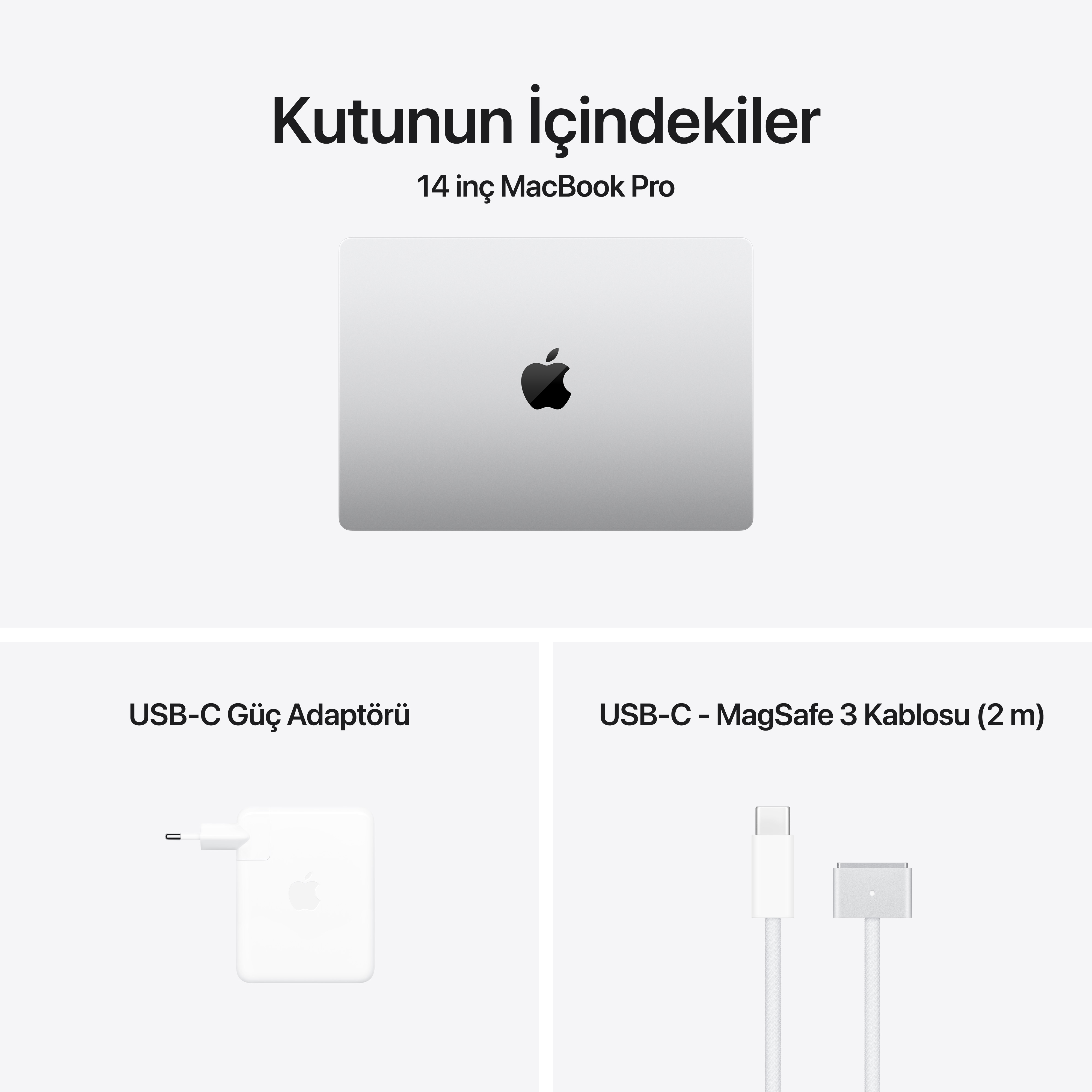 Beyaz bir arka plan üzerinde bir dizüstü bilgisayar, güç adaptörü ve bir USB-C kablosu görüntüleniyor.