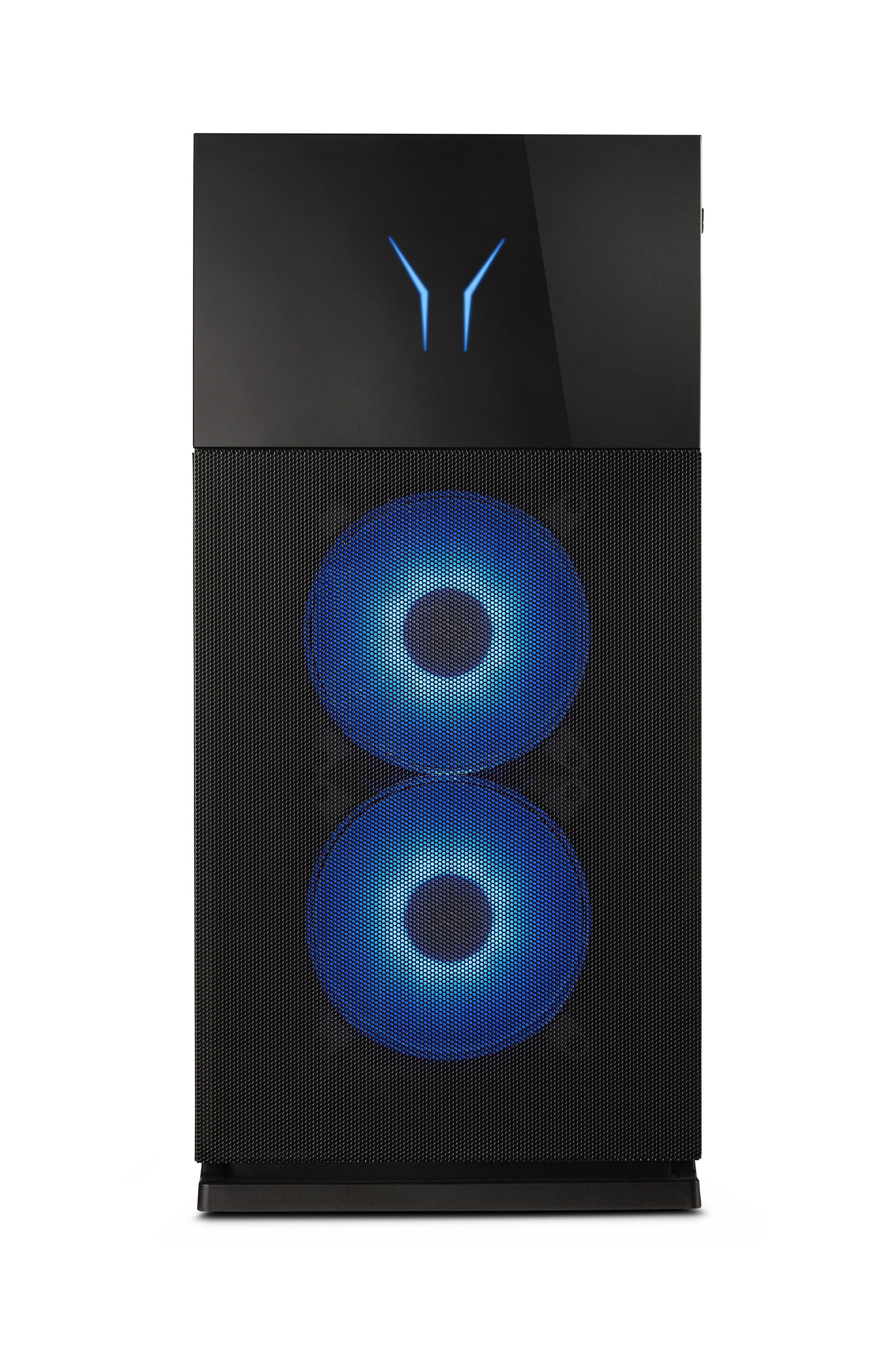 Schwarzes Computergehäuse mit zwei beleuchteten blauen Lüftern vorne. Schwarzer Deckel.