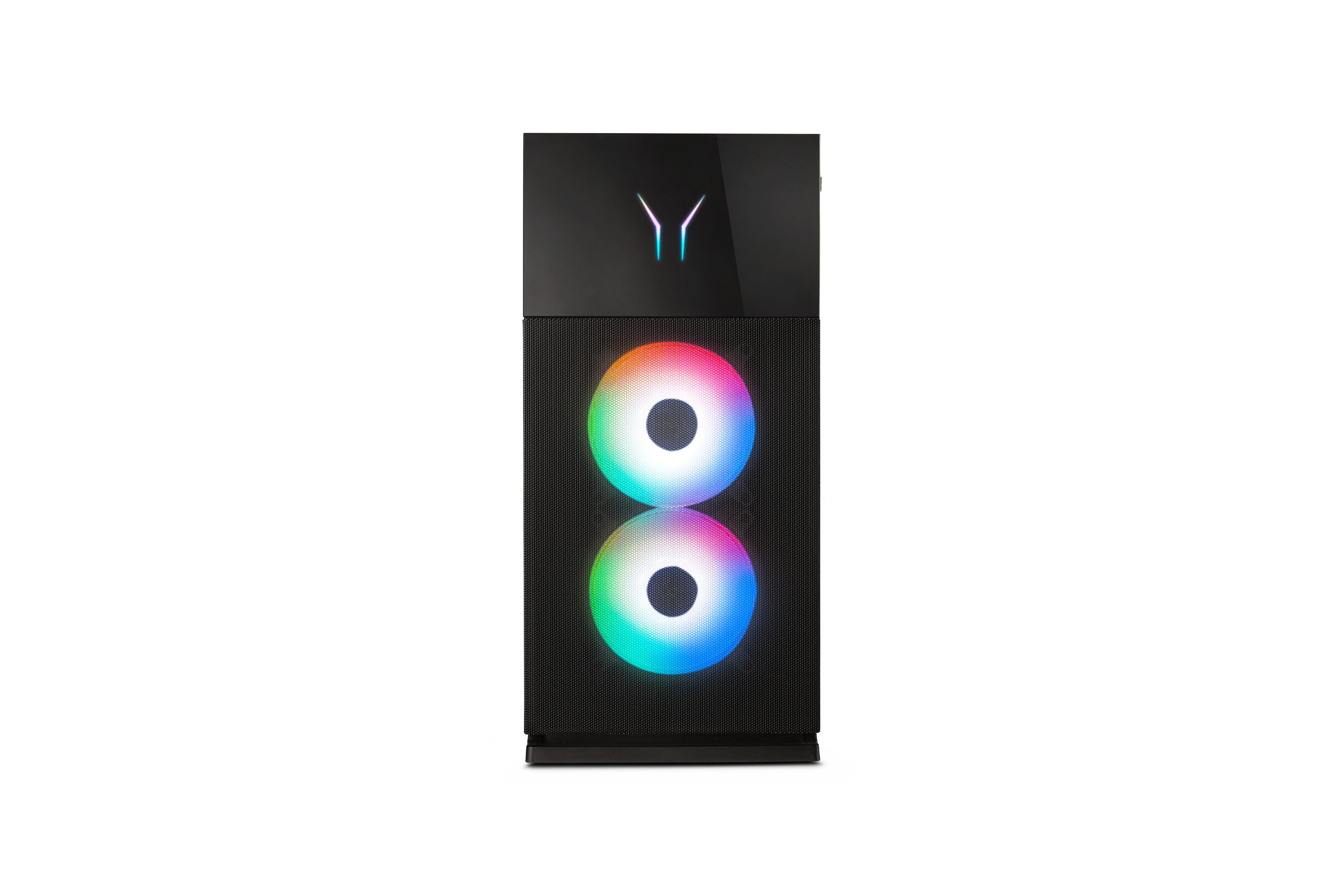 Schwarzer Computerturm mit zwei kreisförmigen, mehrfarbigen LED-Lüftern.
