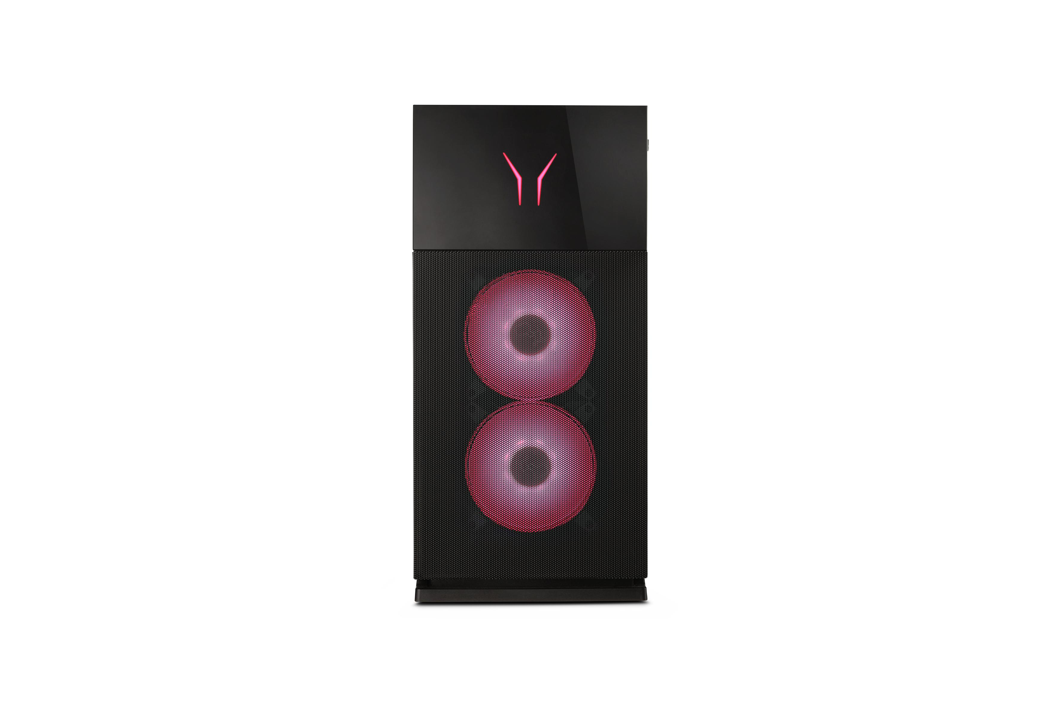 Ein schwarzer Computerturm mit rosa beleuchteten Lüftern.
