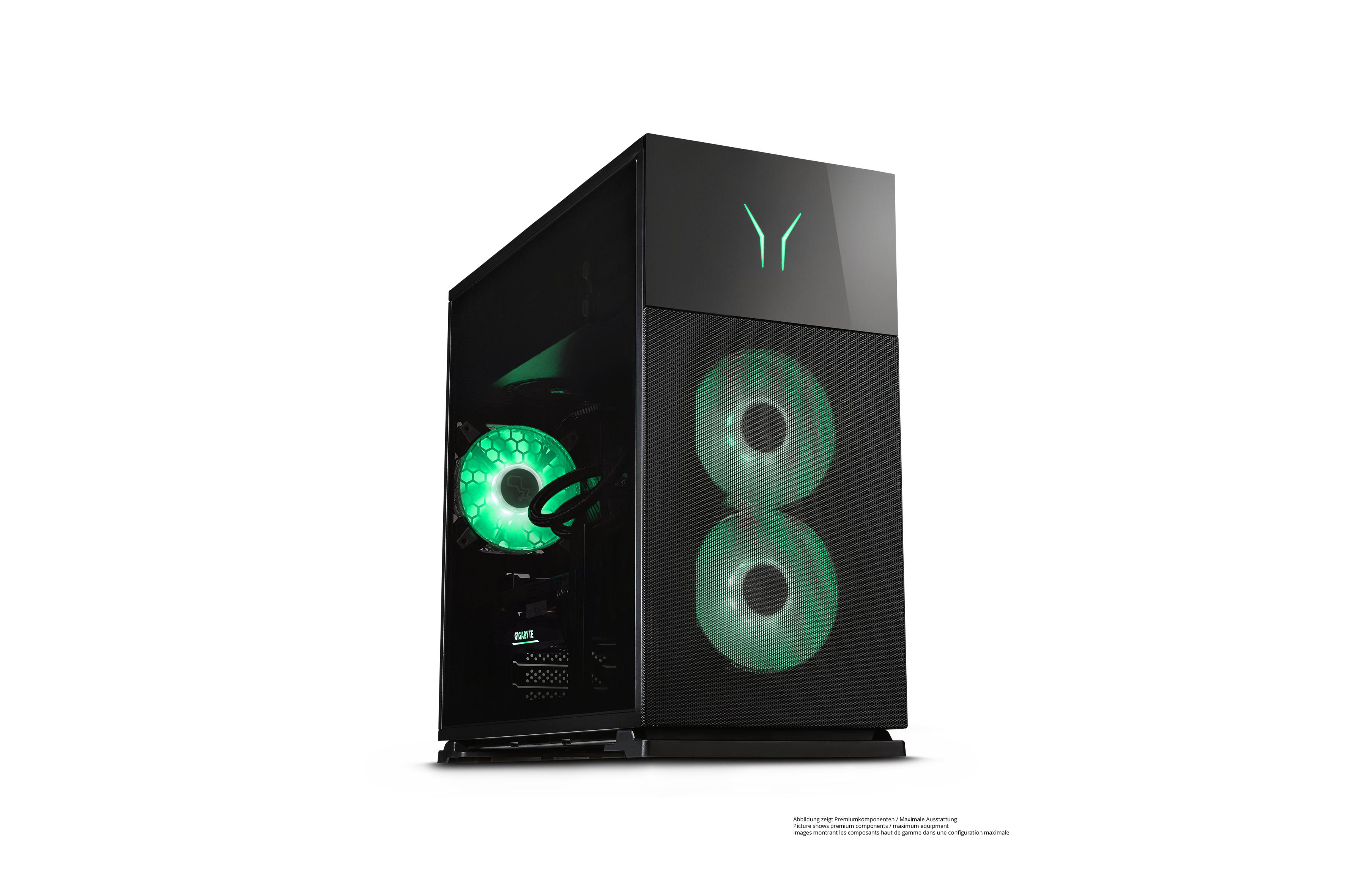 Schwarzer Computerturm mit grünen Lichtern. Weißer Hintergrund. Vorderansicht.
