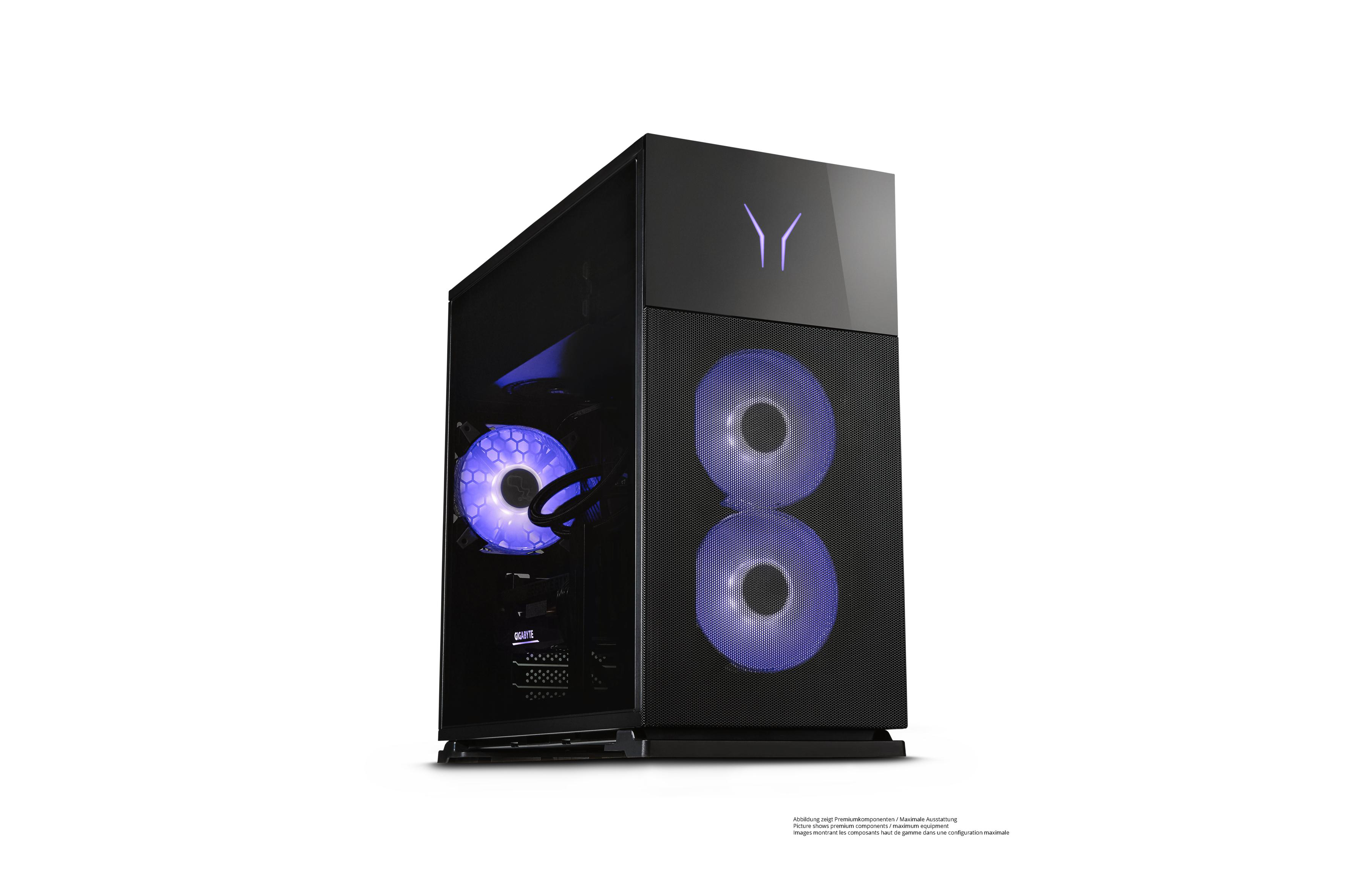 Schwarzes PC-Gehäuse mit blauer Beleuchtung im Inneren und auf den Lüftern.