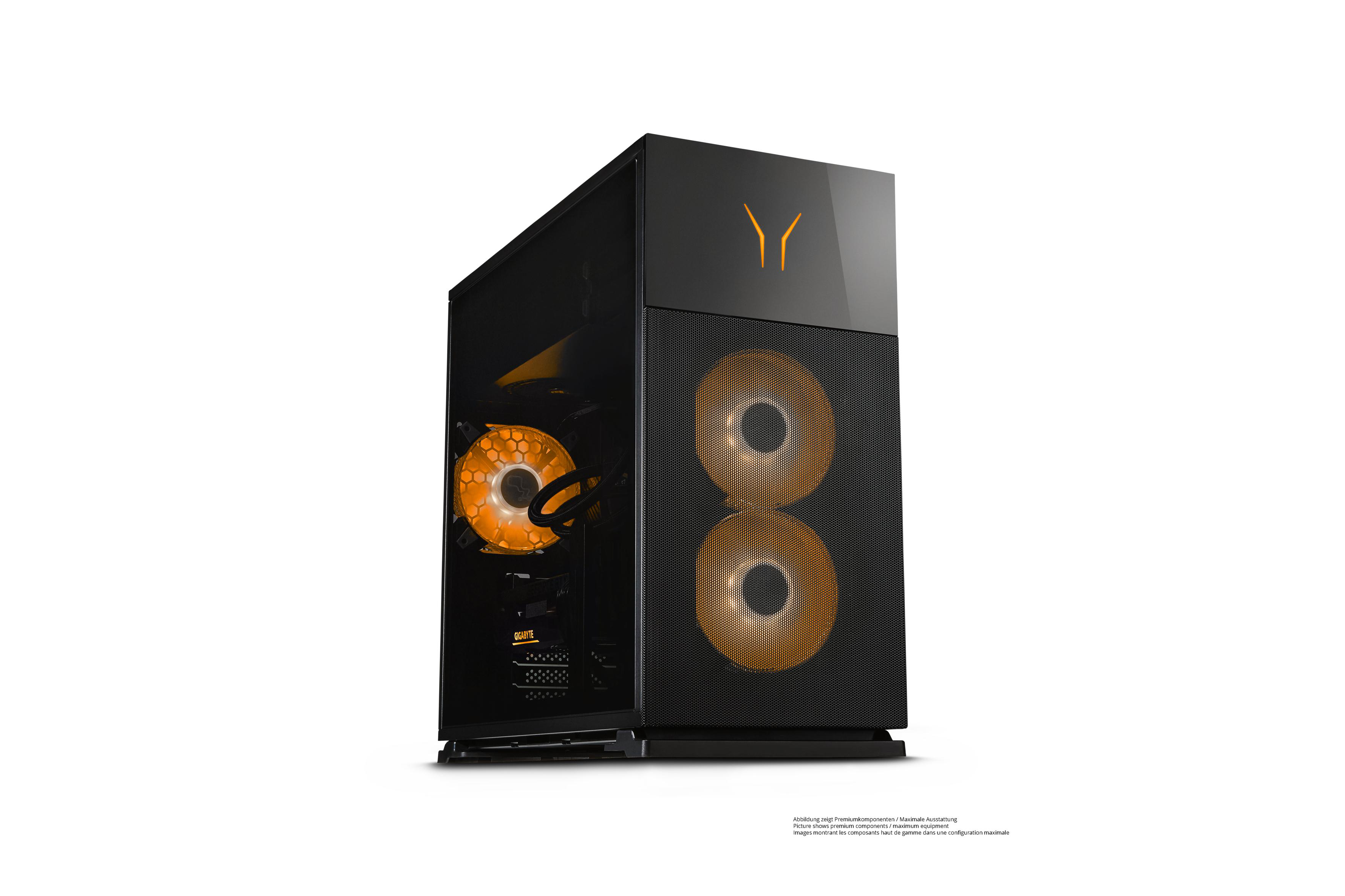 Ein schwarzer Computerturm mit orangefarbenen Lüftern und Lichtern auf weißem Grund.