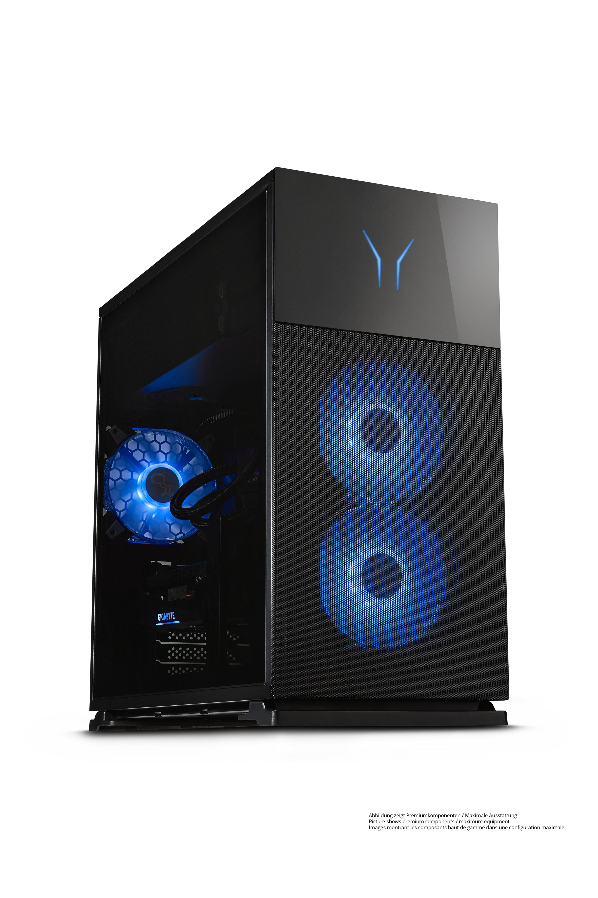 Schwarzer Computerturm, blaue Lüfter, Glas-Seitenwand. Razer-Logo. Weißer Grund.