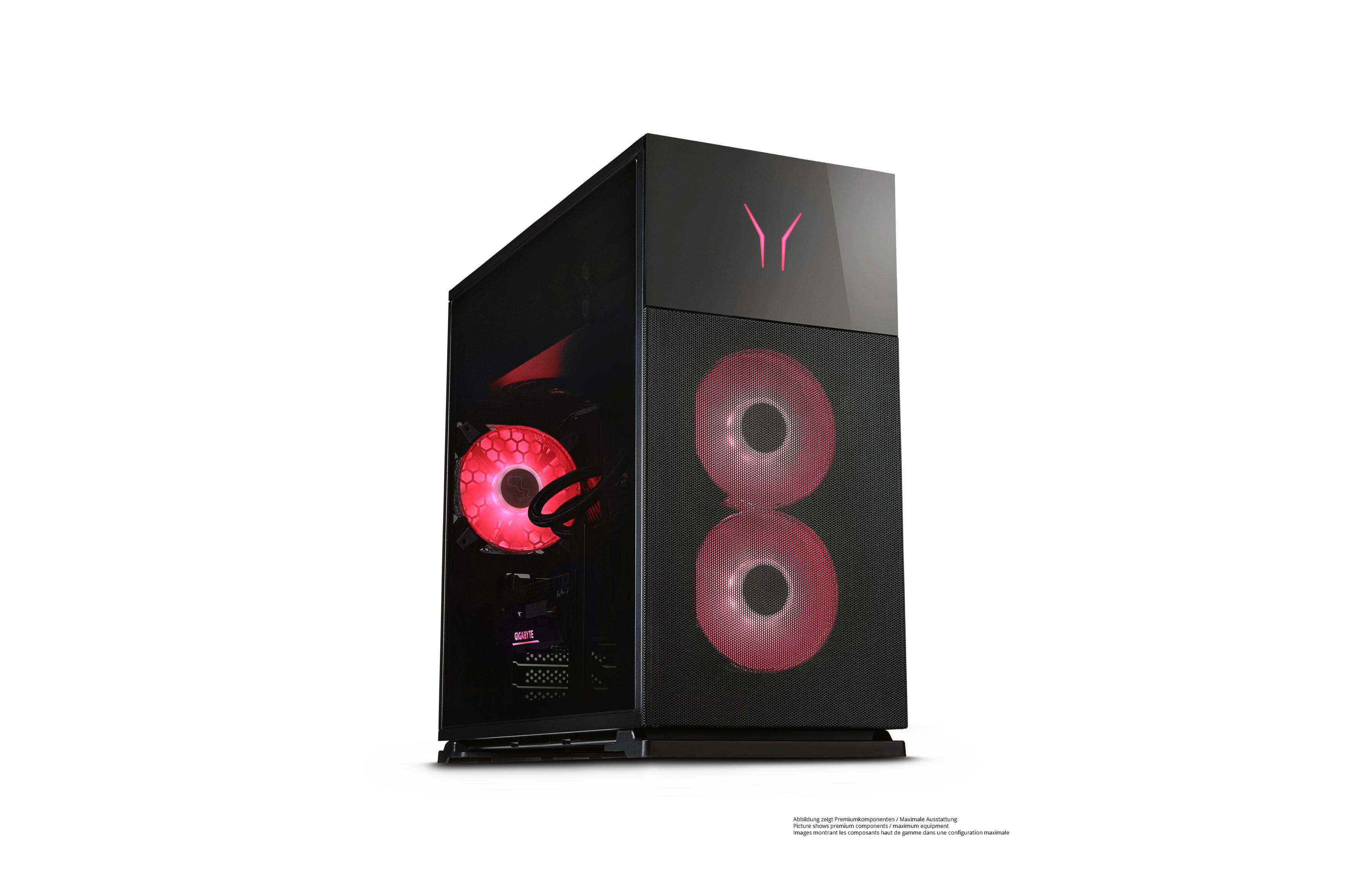 Ein schwarzer Gaming-PC mit roten Lichtern und Marvel-Logo, auf weißem Hintergrund.