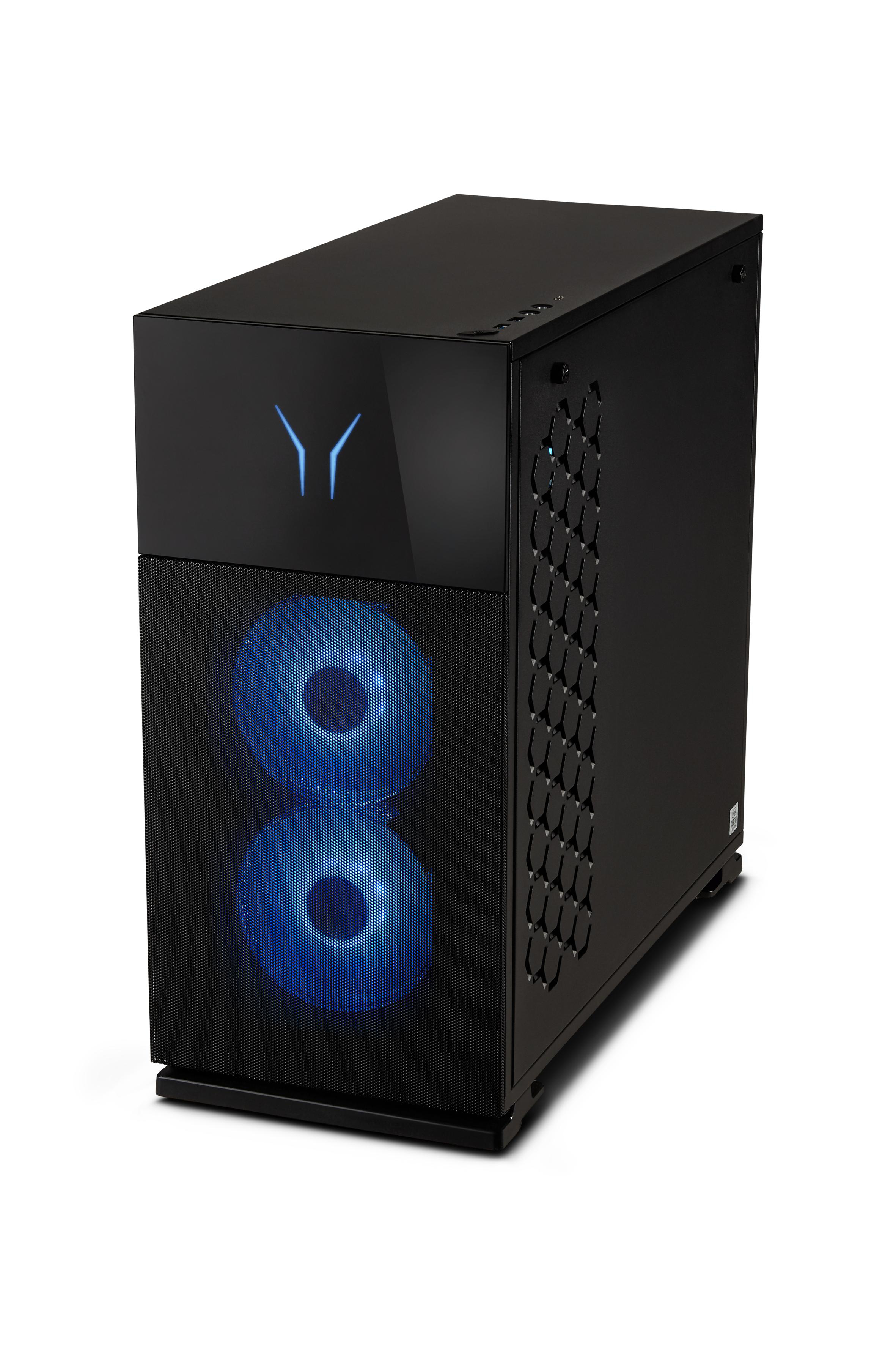 Ein schwarzer Gaming-PC mit beleuchteten blauen Lüftern, weißem Logo und Mesh-Front.