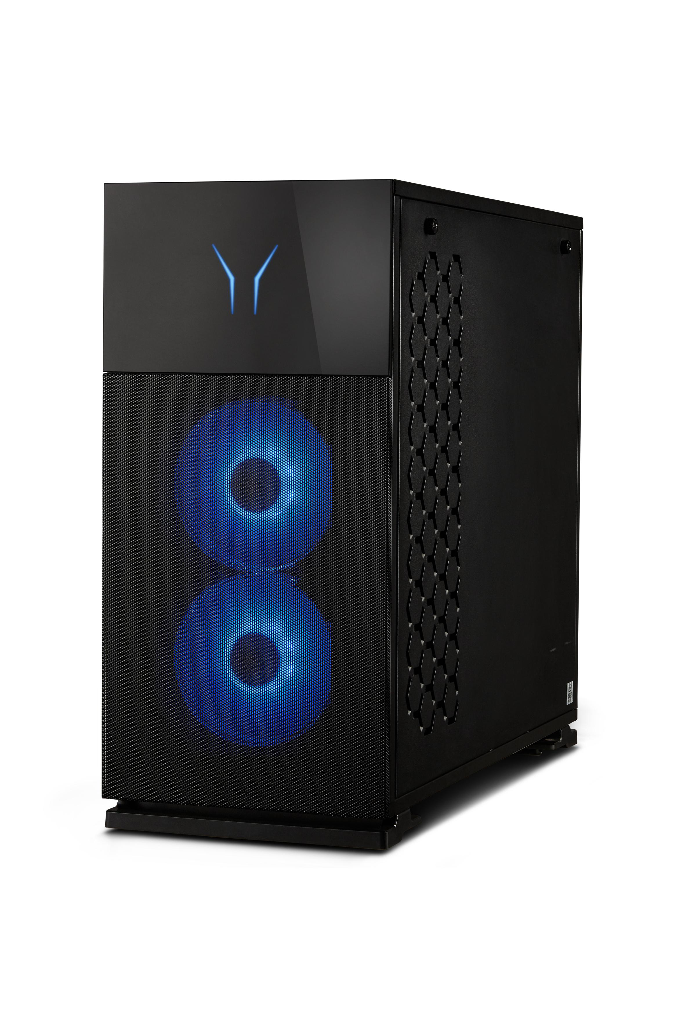 Schwarzer Gaming-PC mit blauen Lichtern. Front-Mesh-Panel mit zwei beleuchteten Kreisen, weißer Hintergrund.