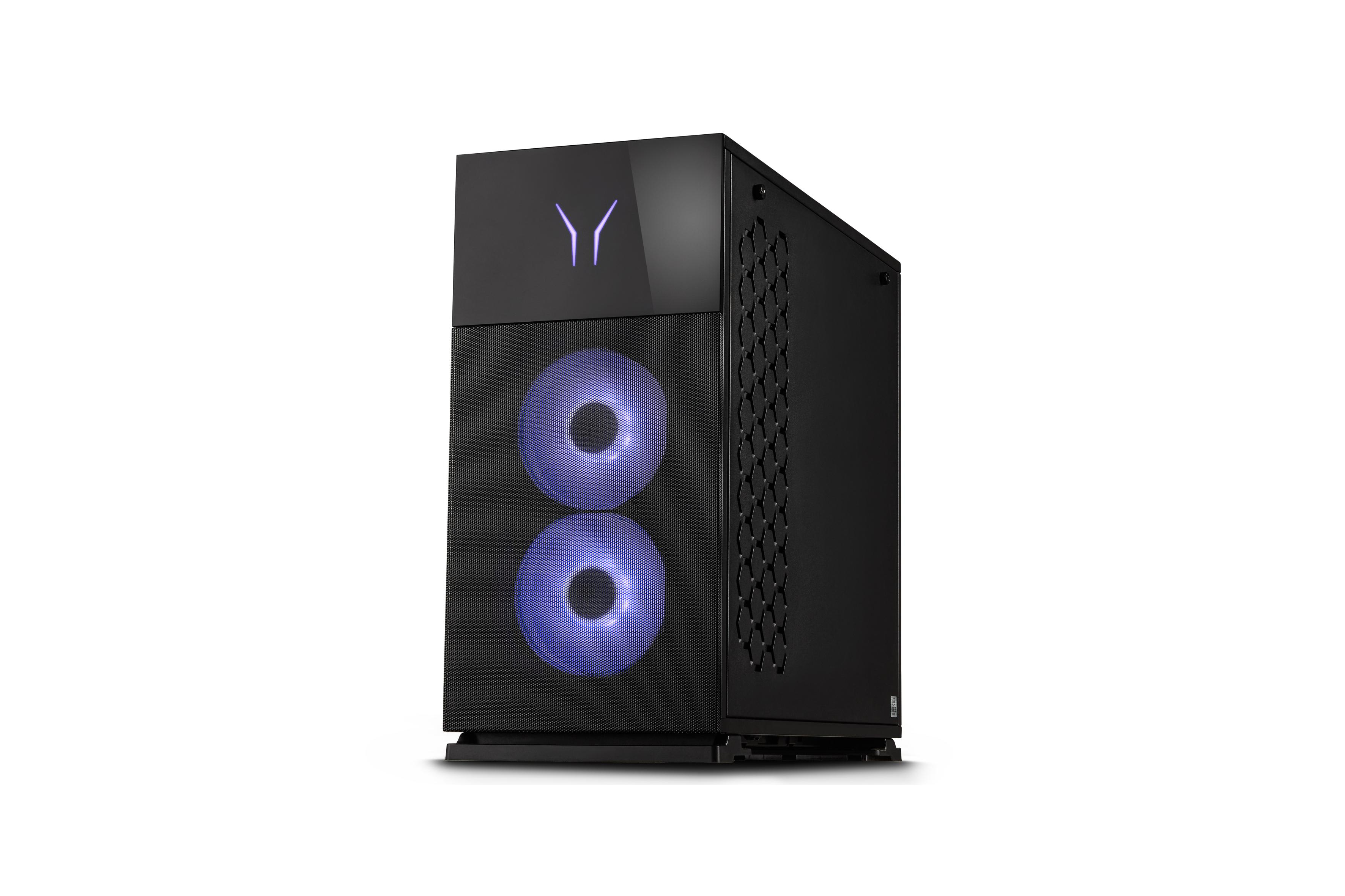 Ein schwarzer Gaming-PC mit beleuchteten blauen Lüftern und einem Logo oben.