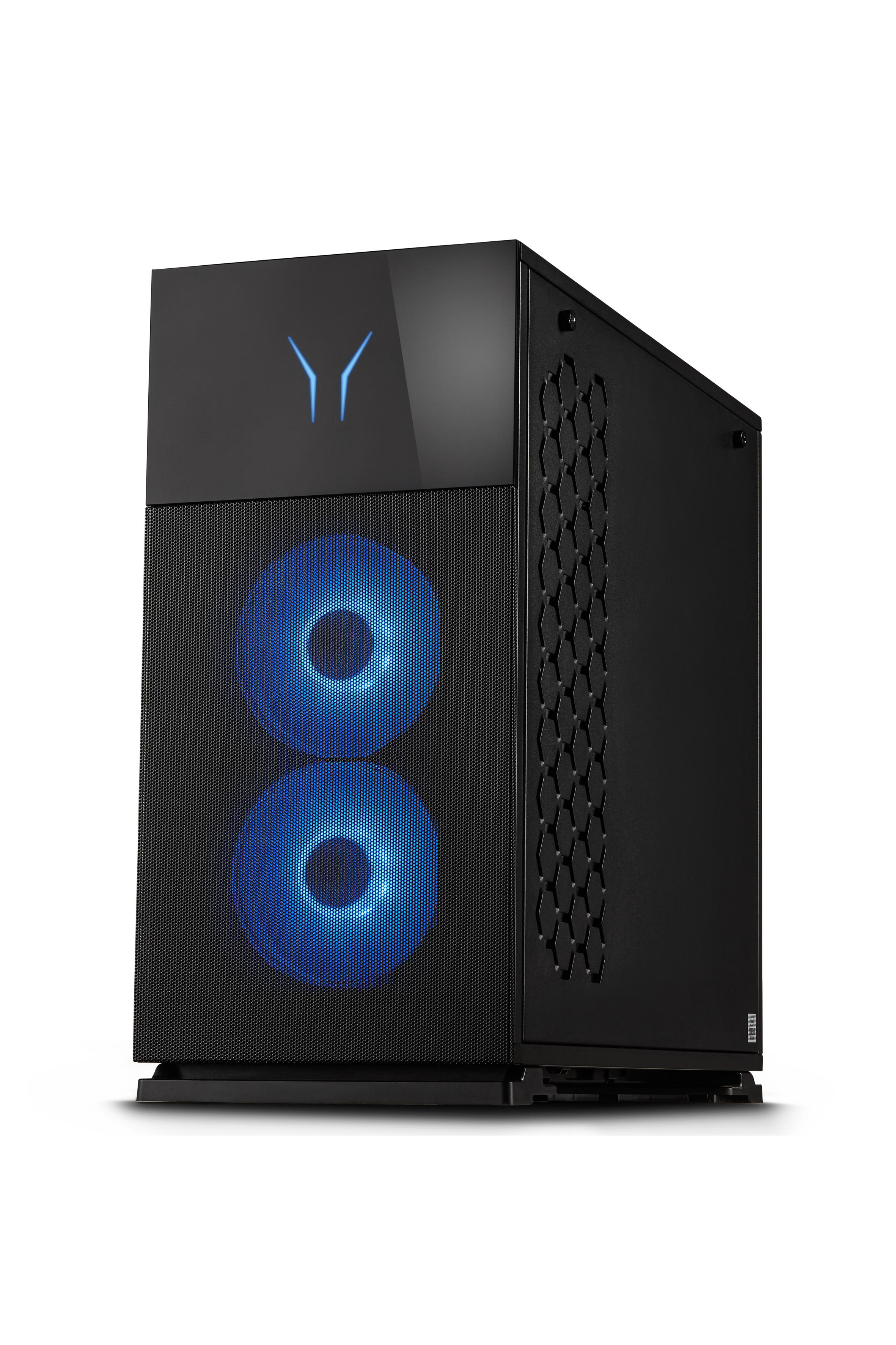 Schwarzes PC-Gehäuse mit zwei blauen LED-Lüftern und einem Logo oben, vor weißem Hintergrund.