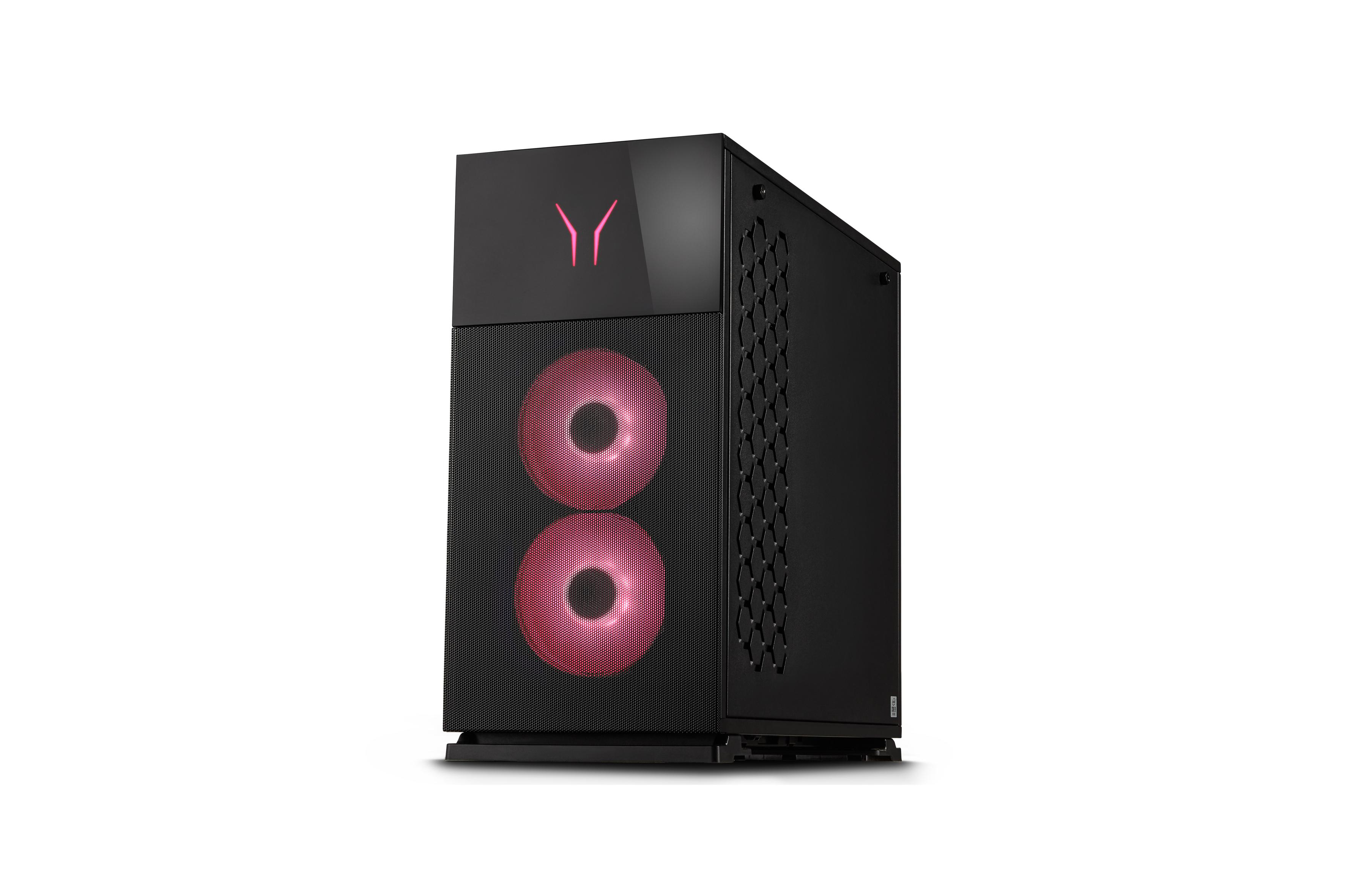 Schwarzes Computergehäuse mit zwei rot beleuchteten Kreisen und einem Logo auf der Vorderseite.