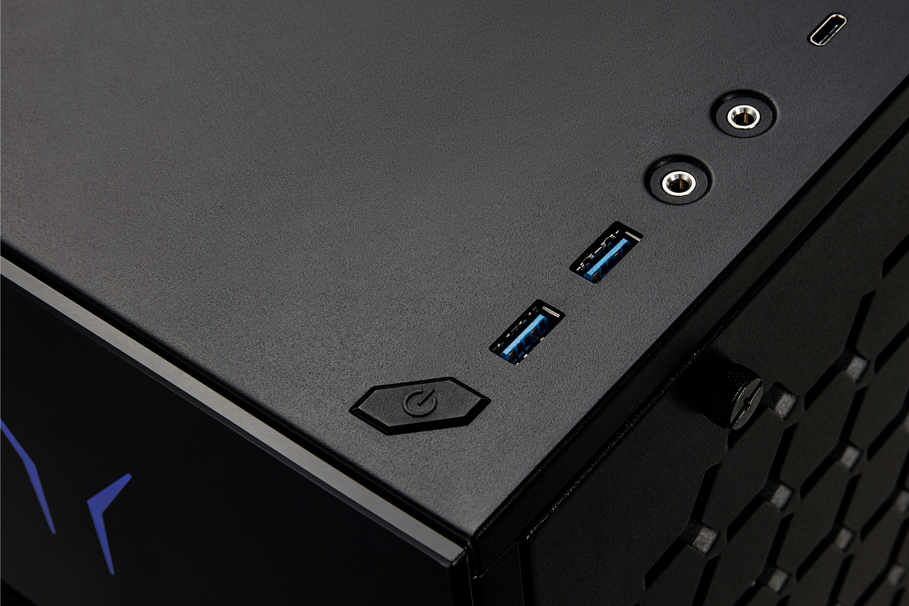 Nahaufnahme von Anschlüssen eines schwarzen Computerturms: USB, Audio, Ein/Aus.