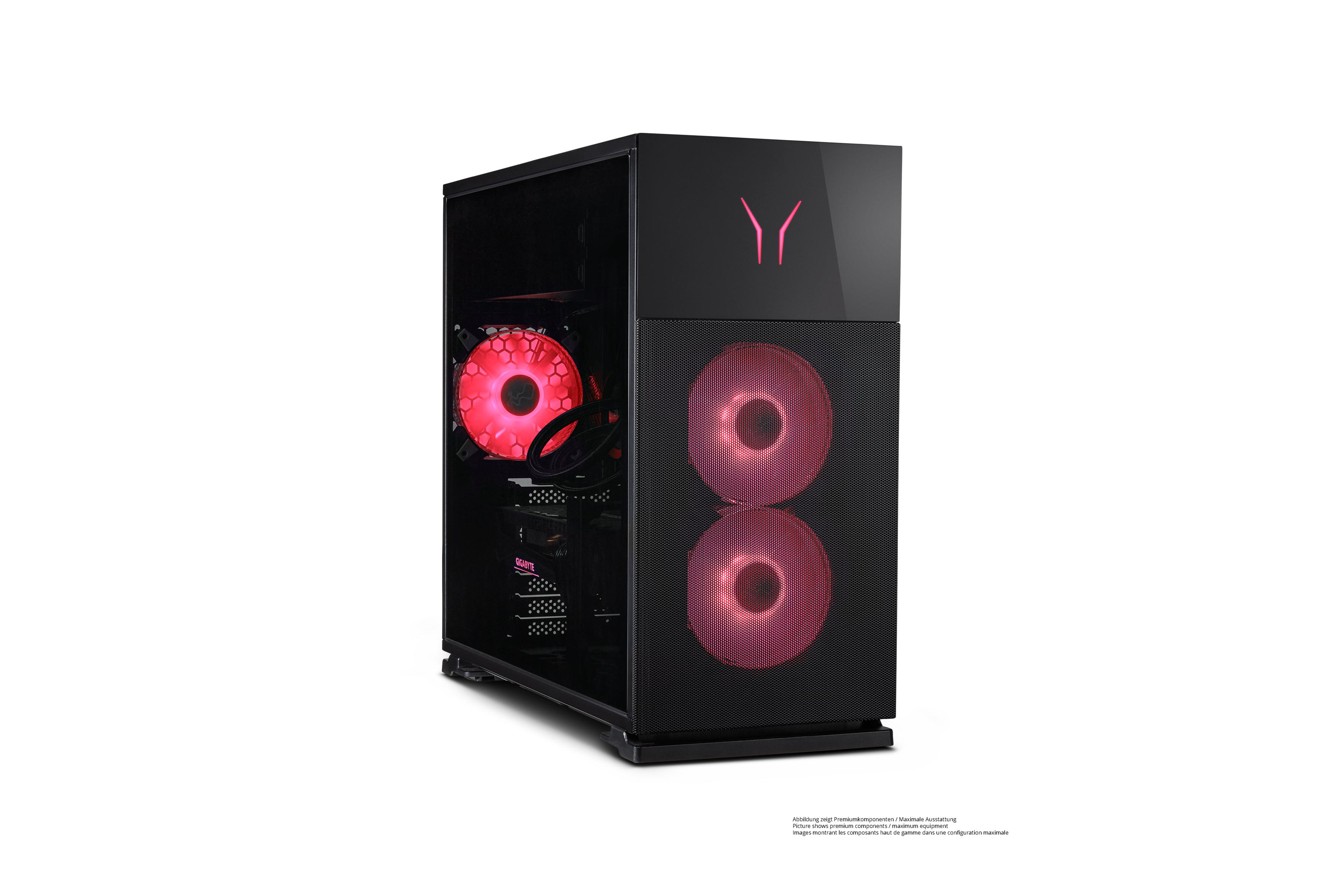 Schwarzer Gaming-PC mit roter Innenbeleuchtung. Verfügt über eine transparente Seitenwand.