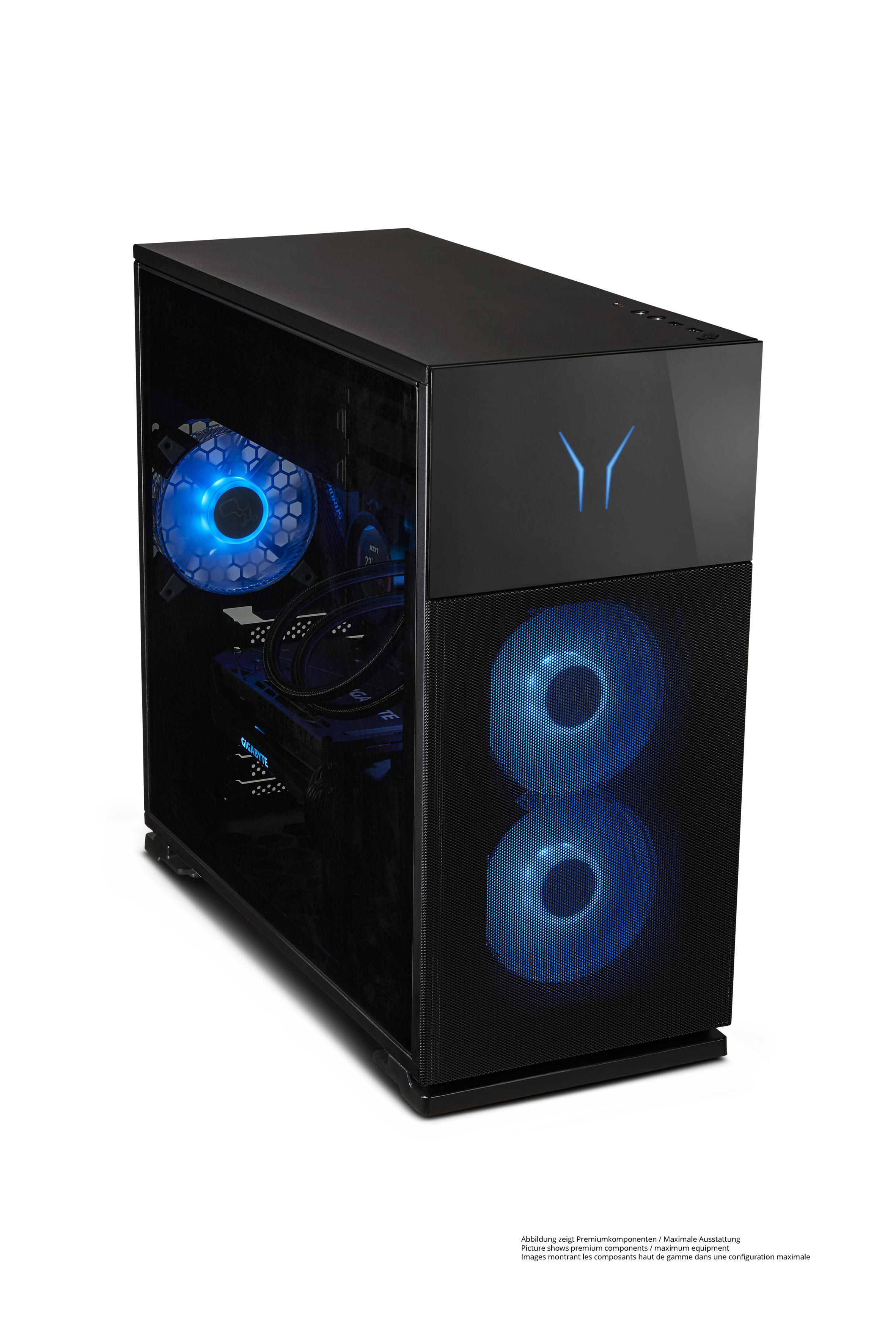 Schwarzer Gaming-PC mit blau beleuchteten Lüftern, Glasplatte.