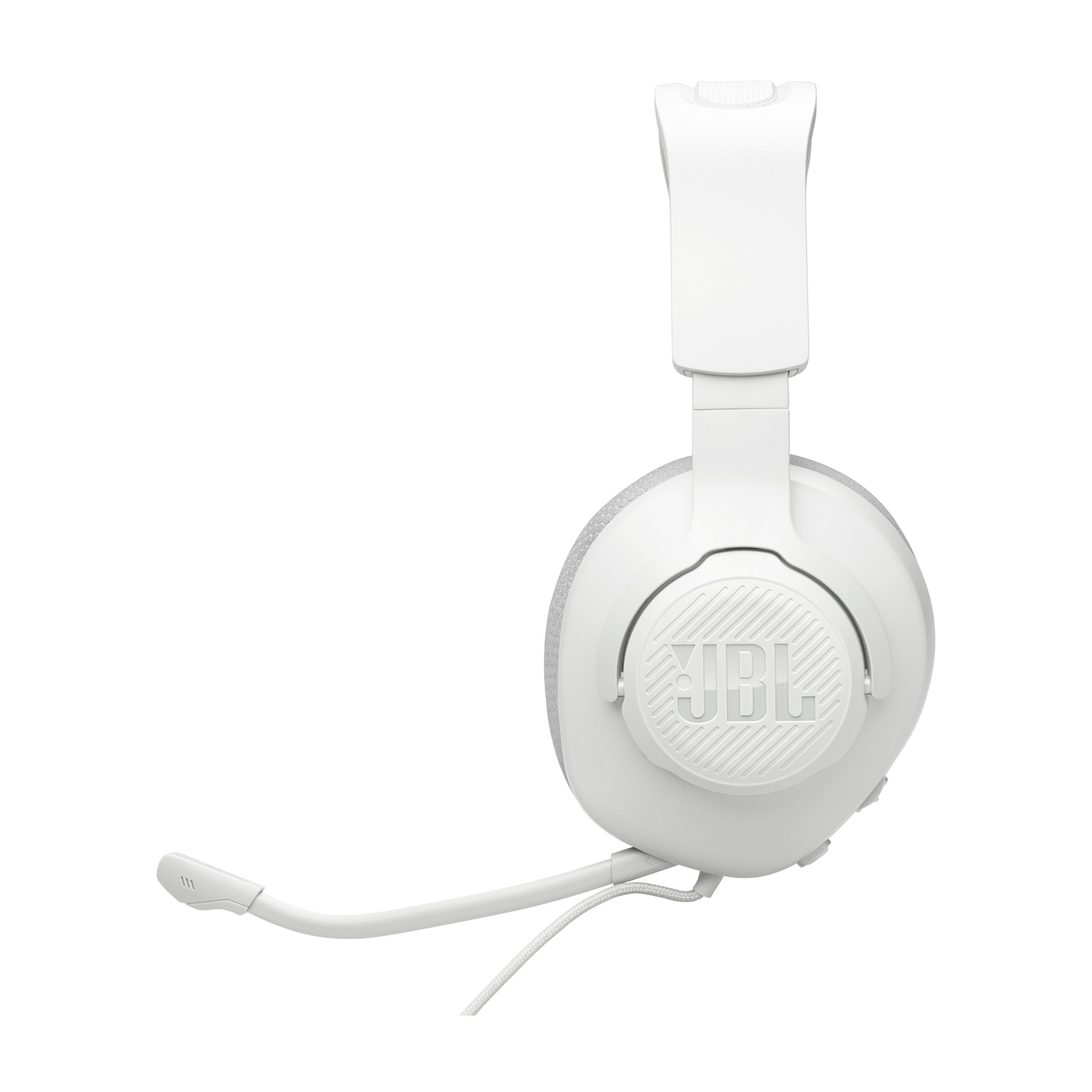 Cuffie JBL bianche con microfono. Le cuffie sono posizionate da un'angolazione laterale.