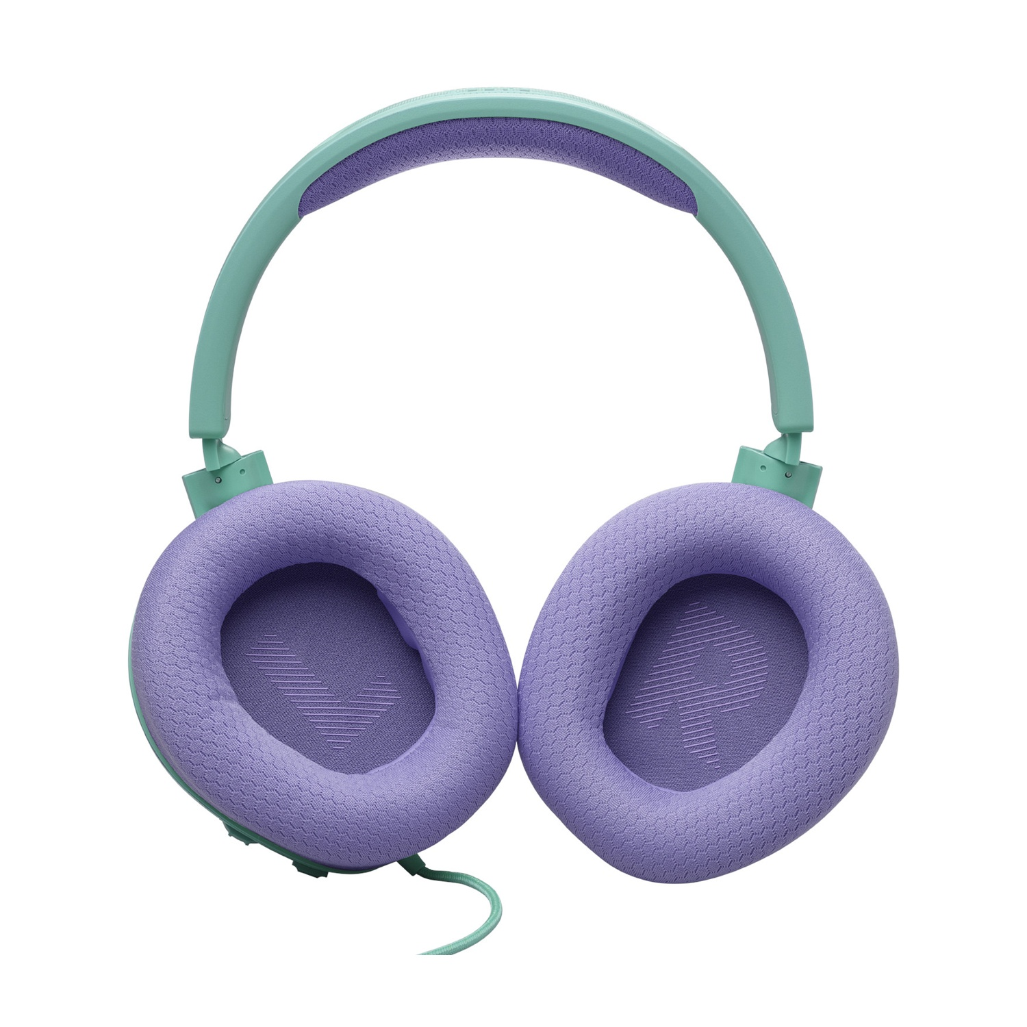 Cuffie con archetto verde menta e padiglioni viola. Sfondo bianco.