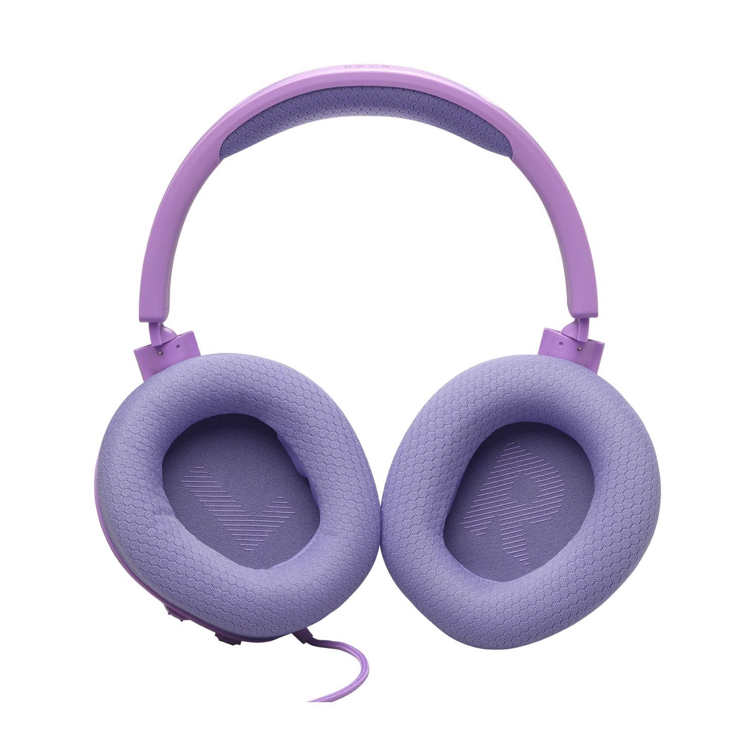 Cuffie viola con archetto e padiglioni imbottiti. I padiglioni hanno un design a fantasia, sfondo bianco.