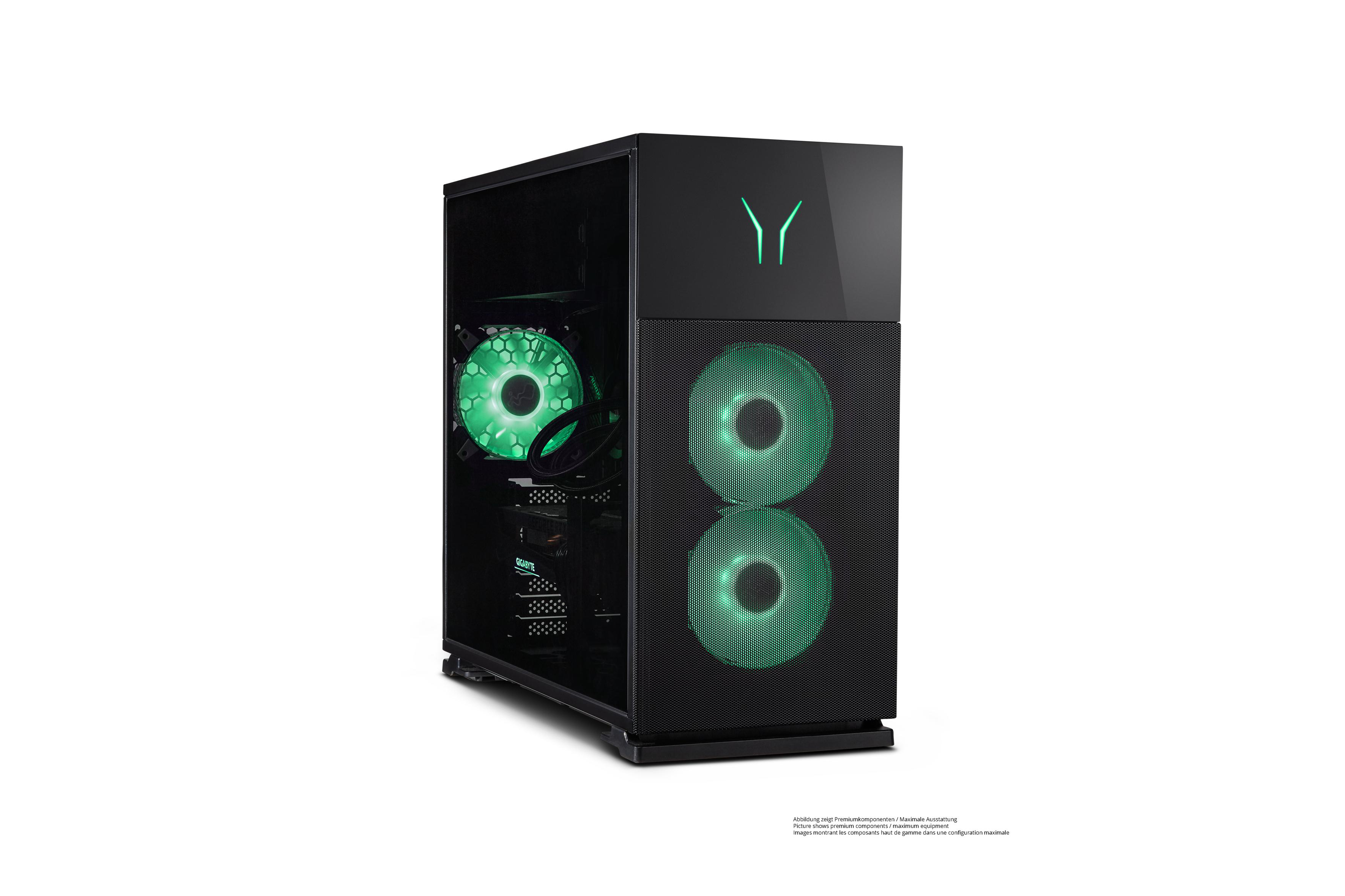 Schwarzes Computergehäuse mit grünen Lichtern. Interne Komponenten sichtbar. Weißer Hintergrund.