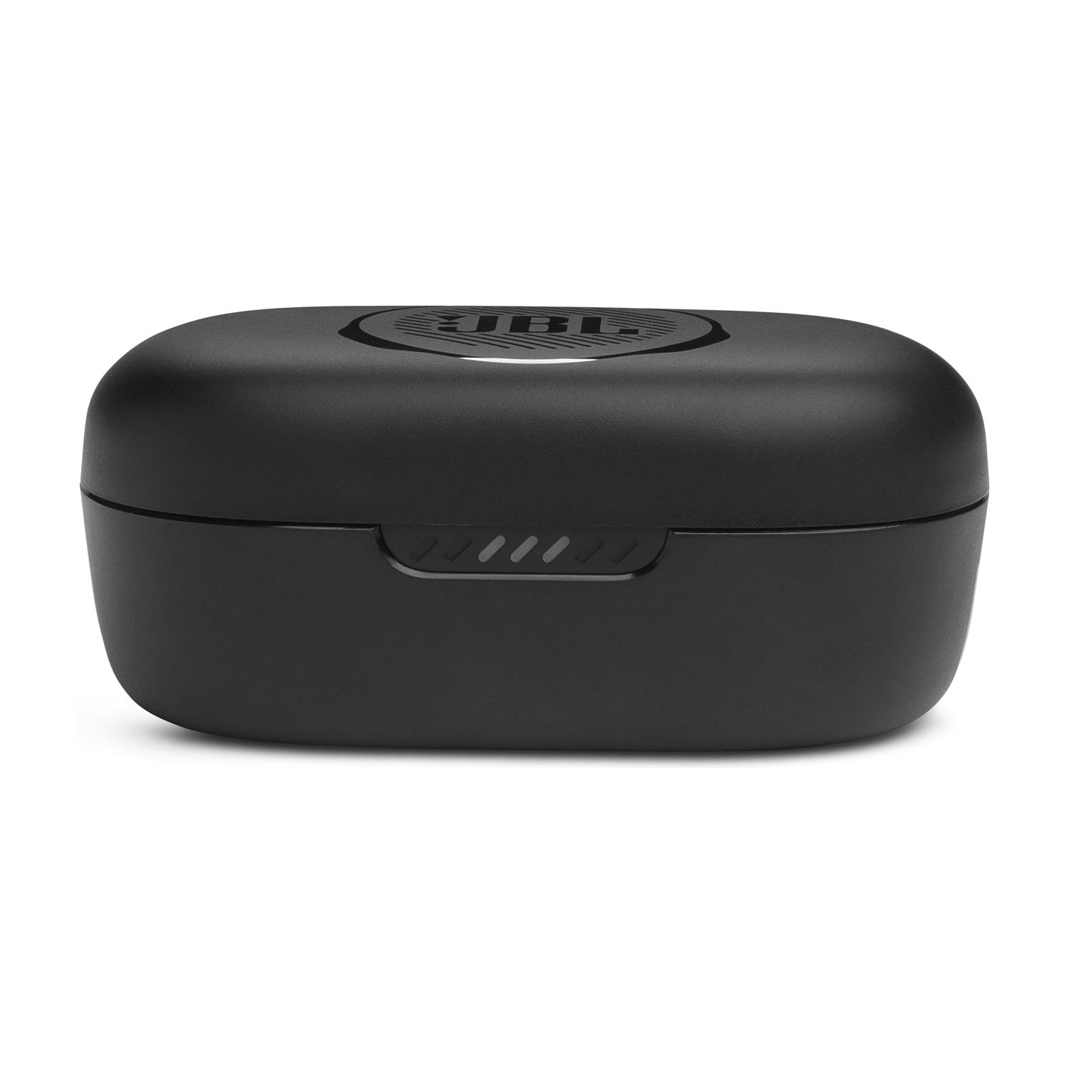 Custodia di ricarica nera per auricolari JBL, con logo JBL sopra.