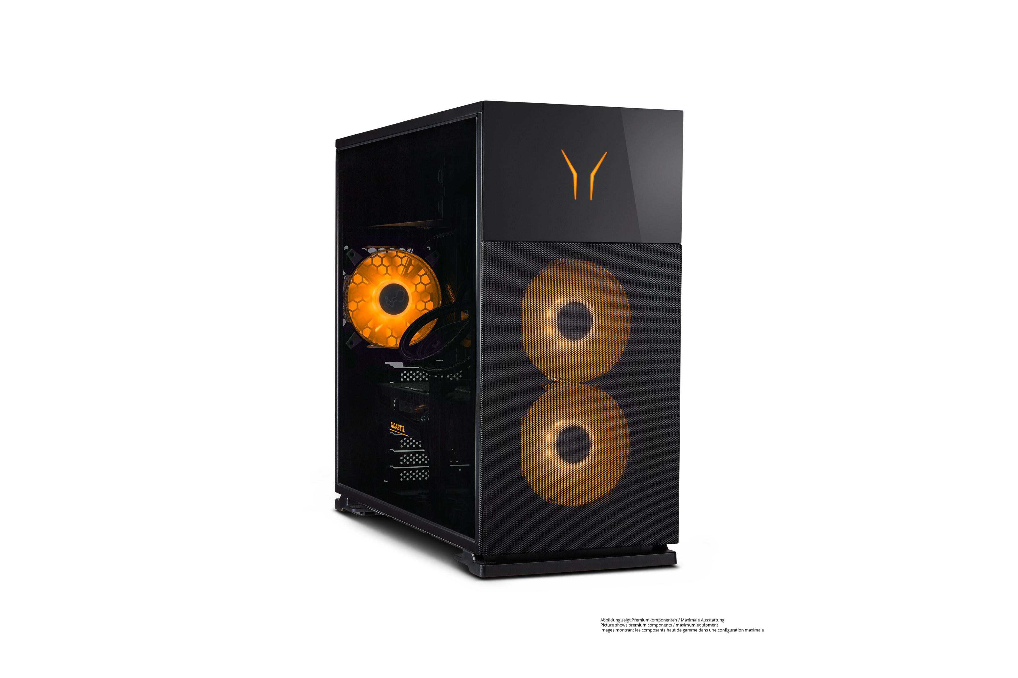 Schwarzer Computerturm mit Glas-Seitenwand. Es hat orangefarbene Lichter im Inneren.