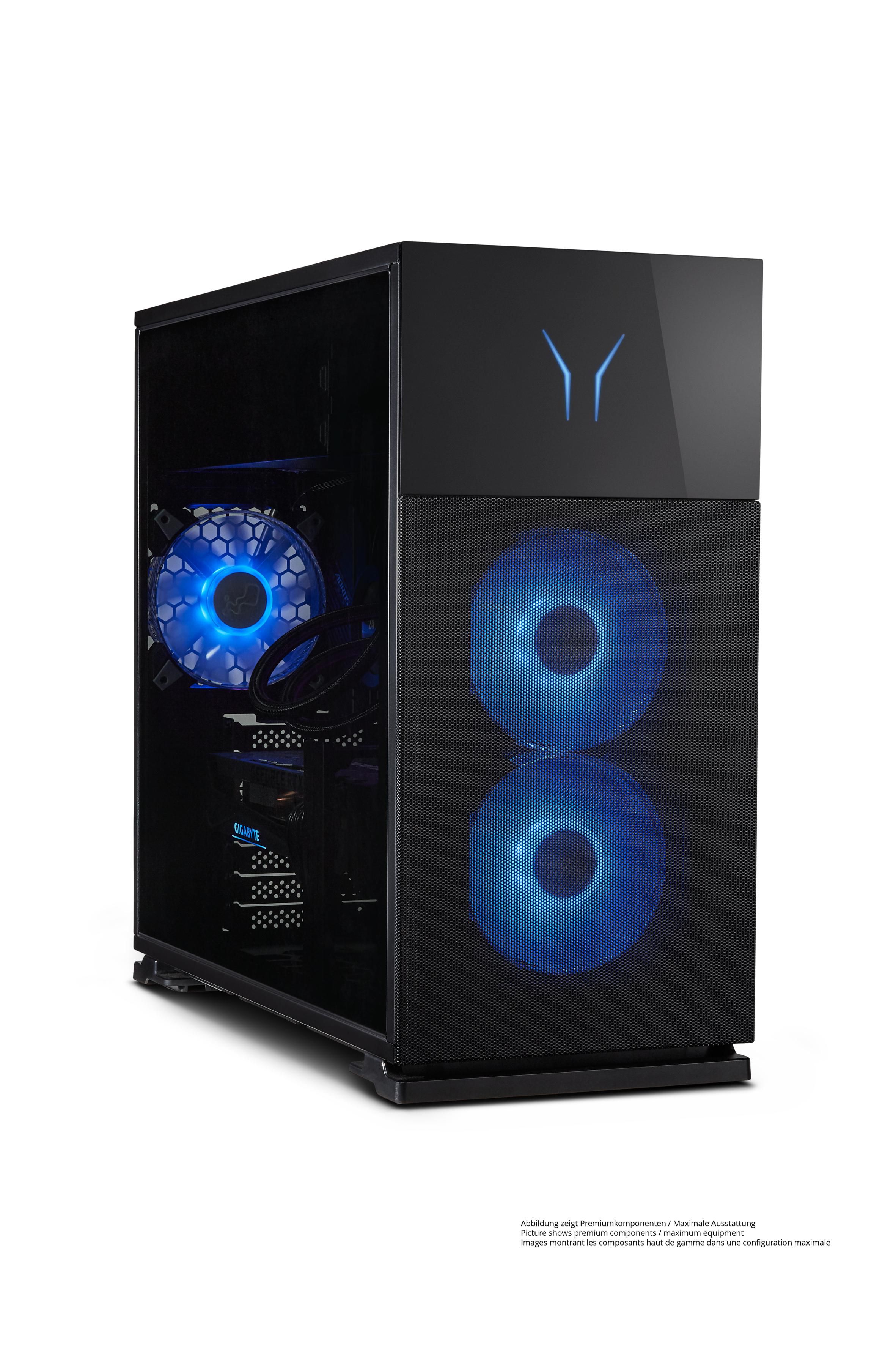 Schwarzer Computerturm mit blau beleuchteten Lüftern. Die Vorderseite hat ein Mesh-Panel. Die Seitenwand ist transparent.