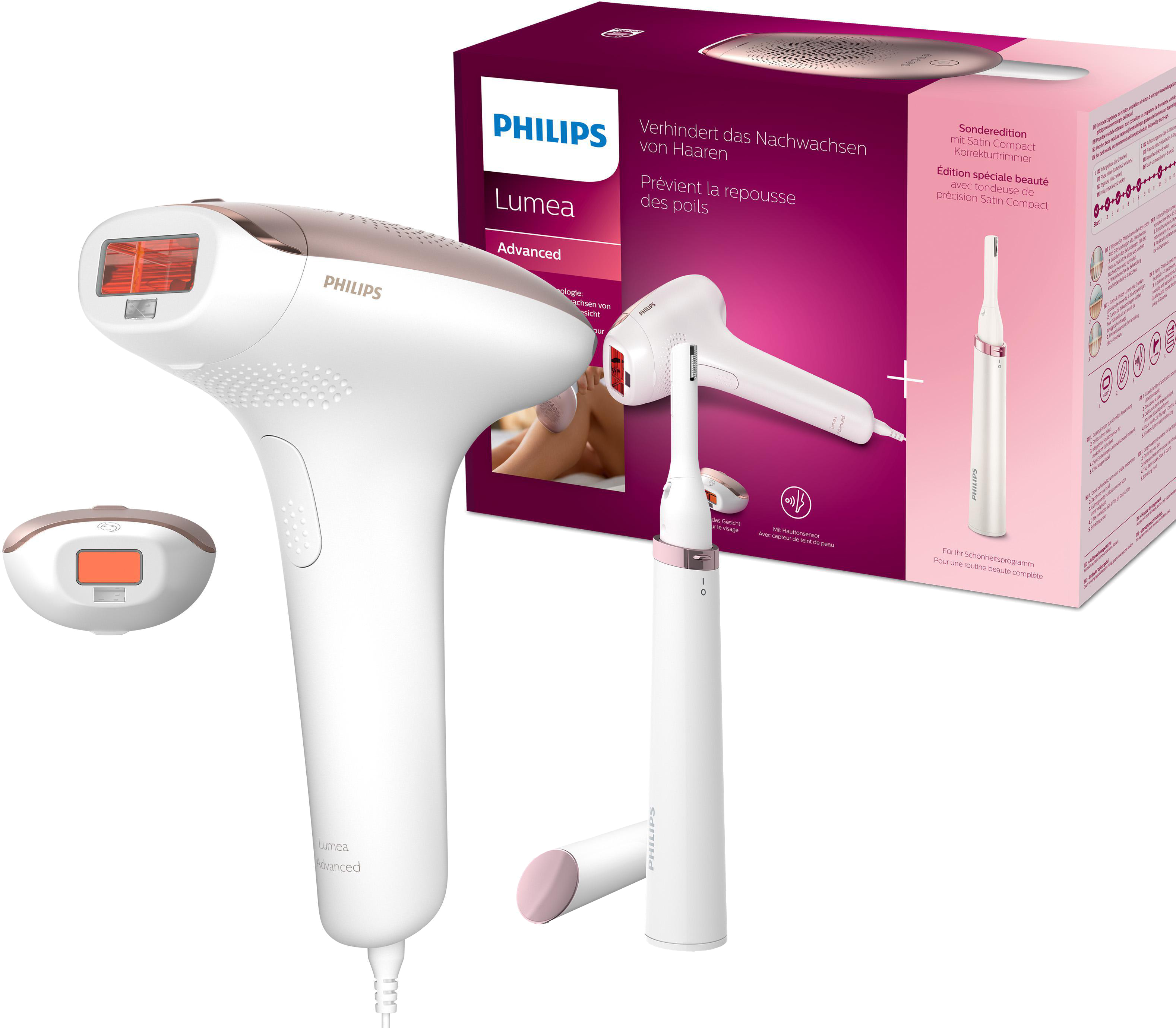 Philips Lumea Haarentfernungsset mit mehreren Geräten und Produktverpackung.