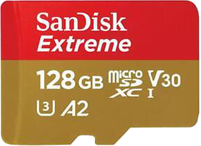 Rote und goldene Micro-SD-Karte mit dem Text 'SanDisk Extreme 128 GB'.