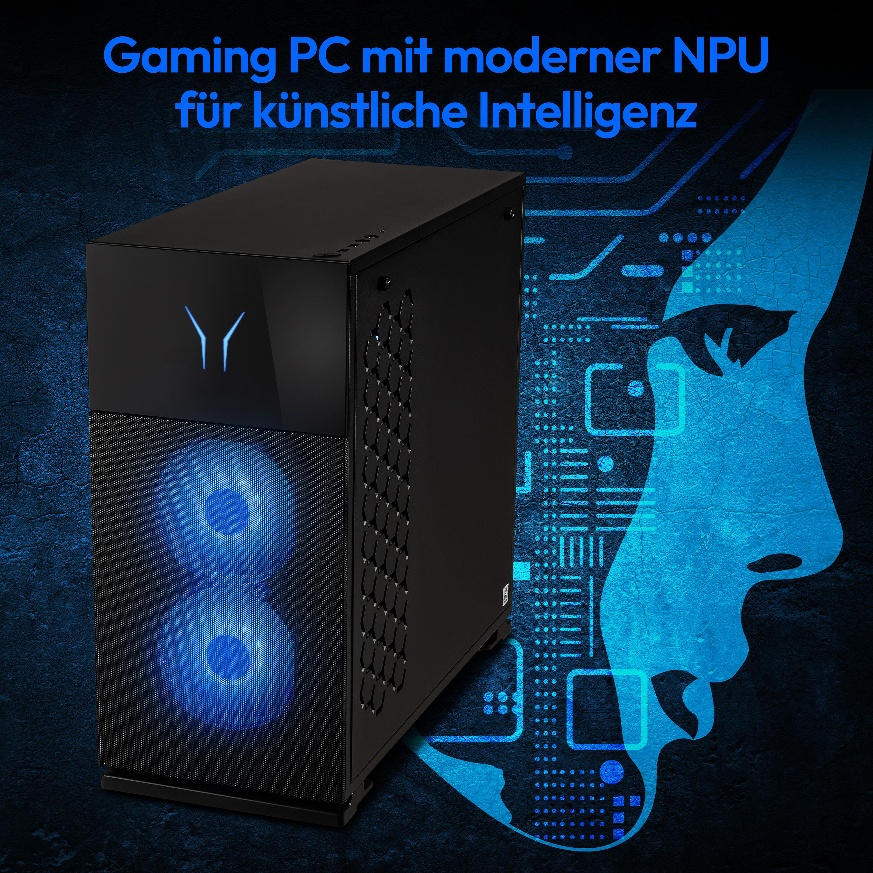 Ein schwarzer Gaming-PC mit blauen Lichtern. Text auf Deutsch oben und eine blaue Grafik rechts.
