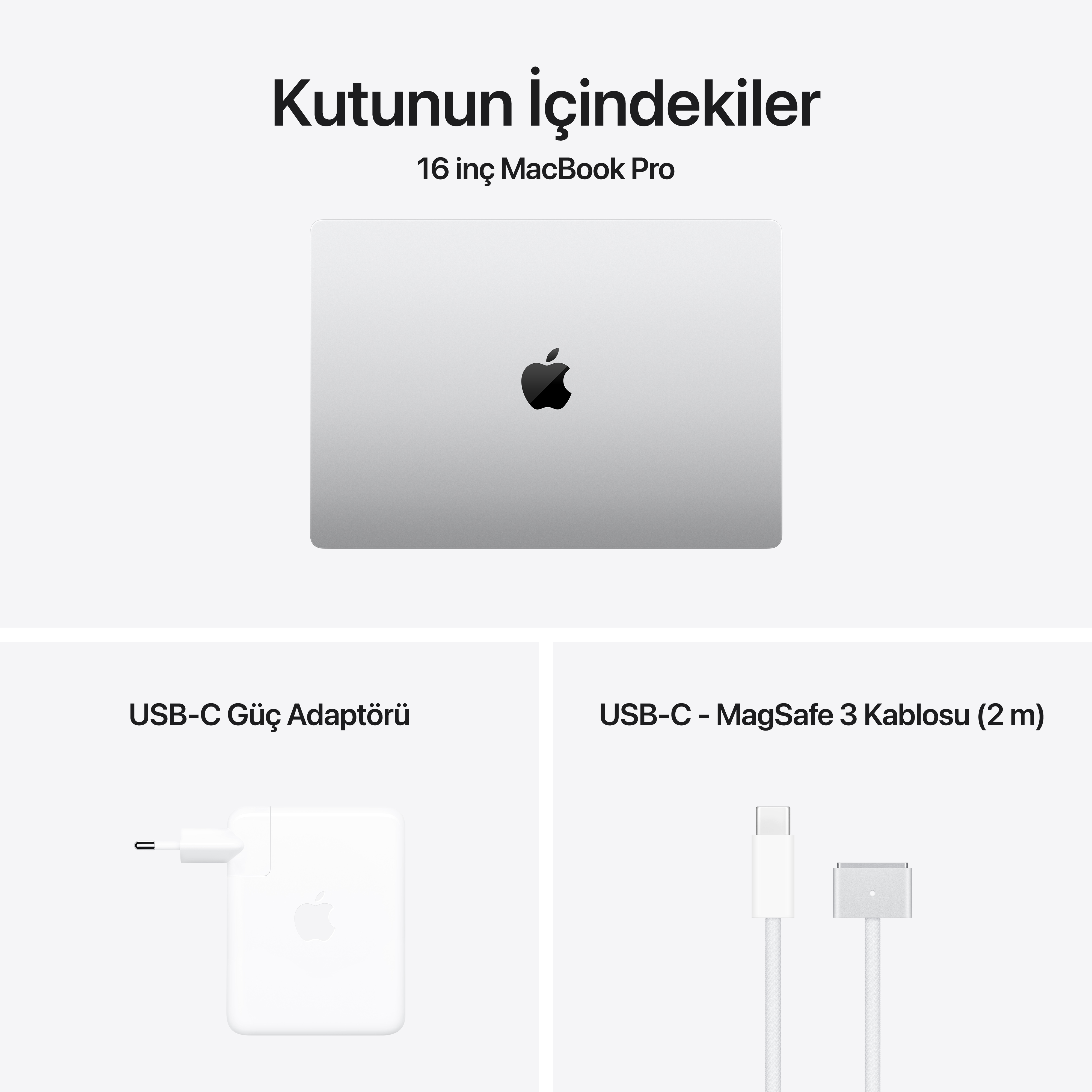 Dizüstü bilgisayar ve aksesuarlar: USB-C güç adaptörü ve USB-C MagSafe kablosu.