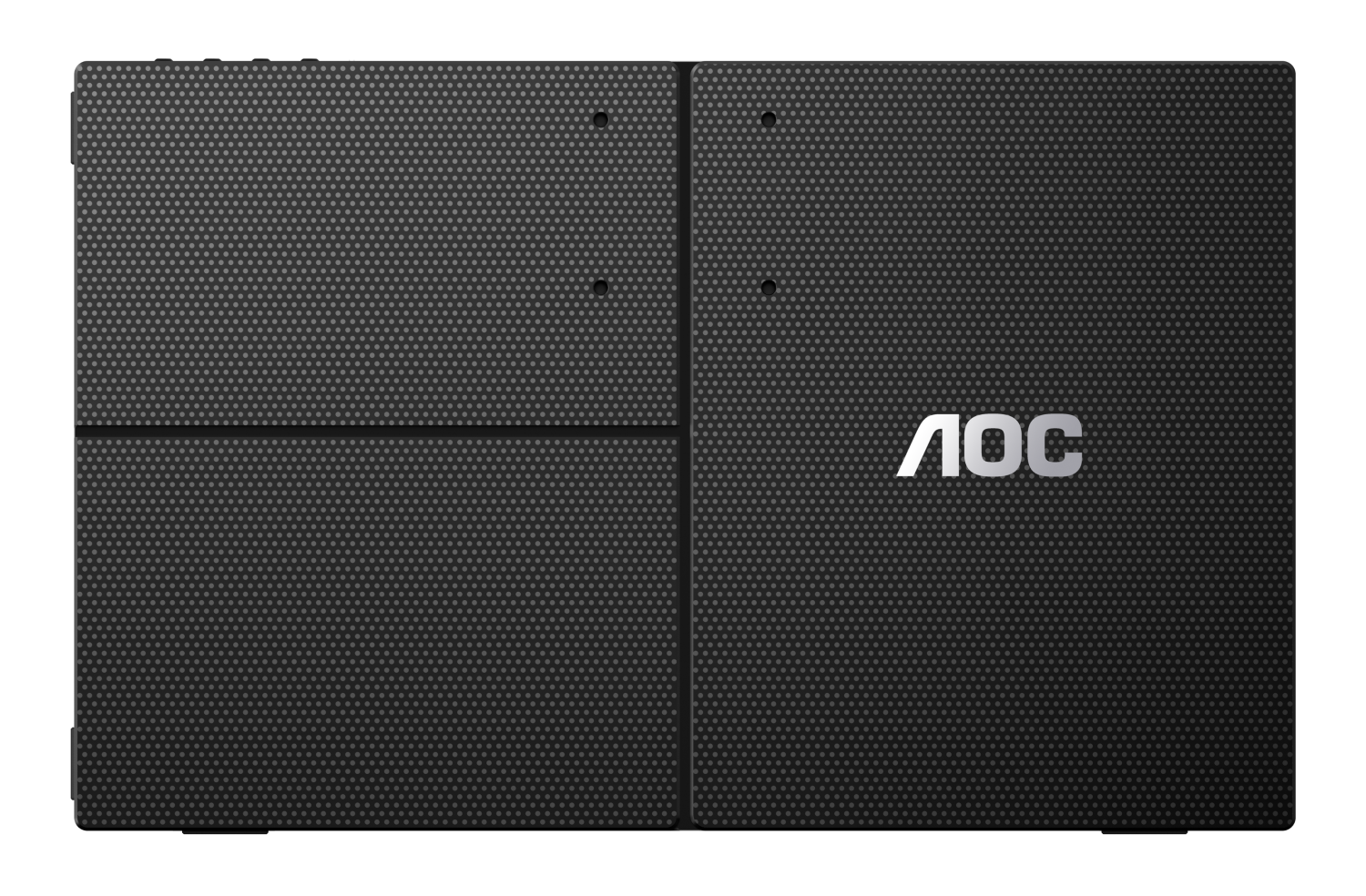 Ein schwarzer Computermonitor mit einem silbernen AOC-Logo.
