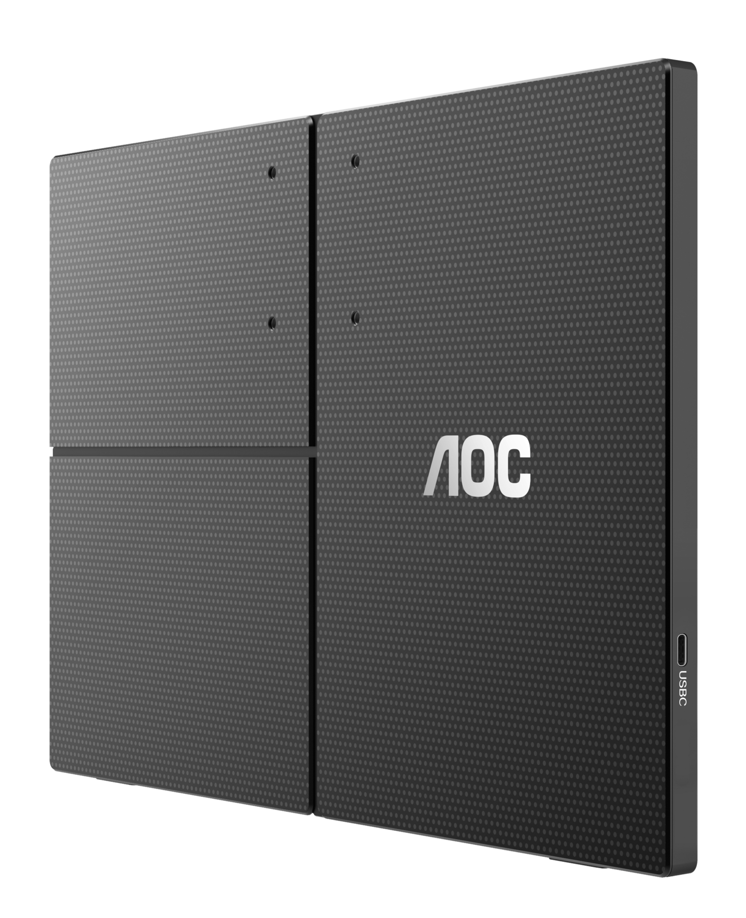 Schwarzer AOC-Monitor. Er hat eine gepunktete Textur und das Markenlogo. Ein USB-C-Anschluss ist sichtbar.