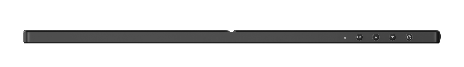 Schwarze Soundbar mit Ein- / Aus-Taste, Lautstärke- und Funktionstasten.