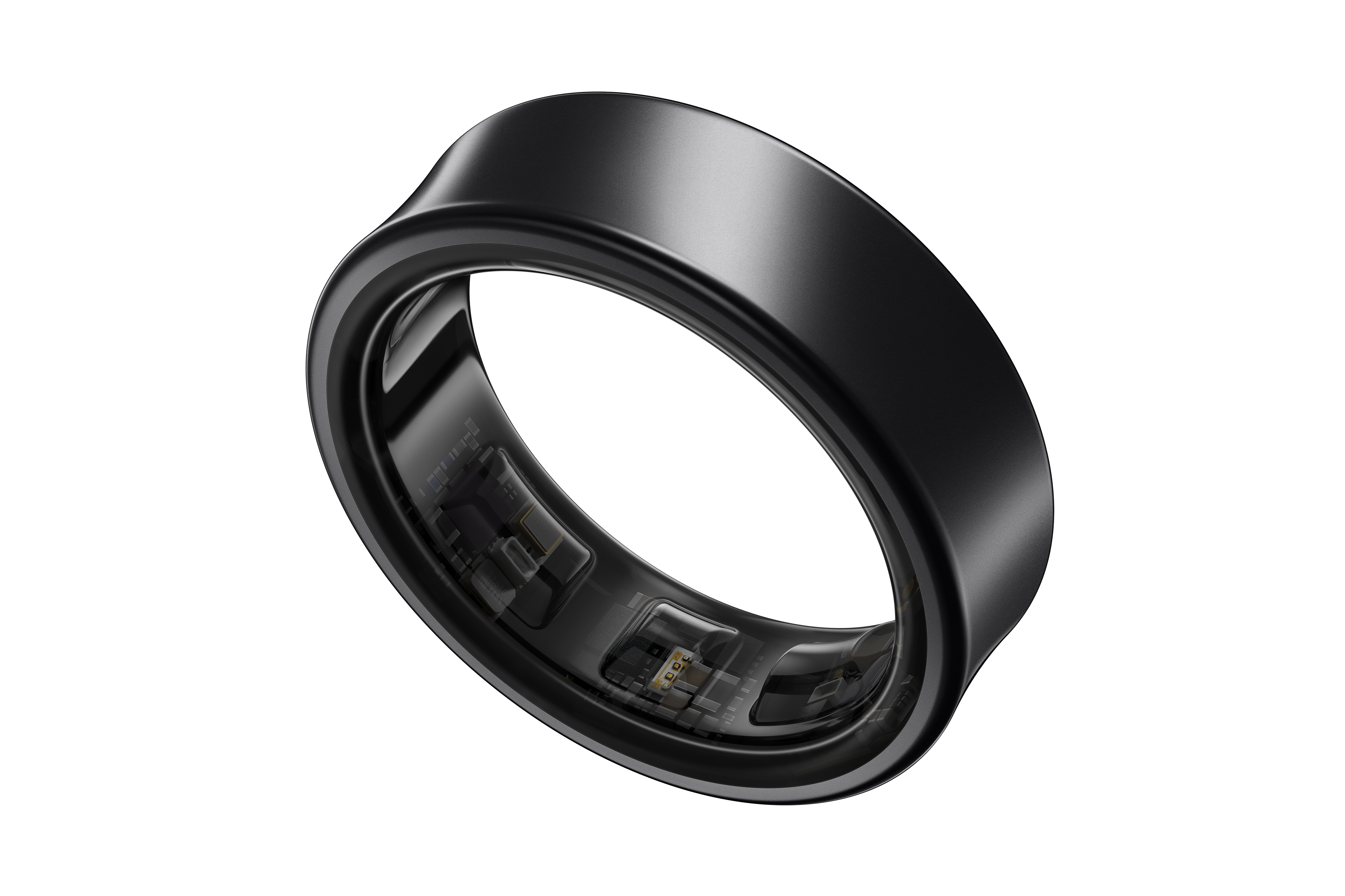 Schwarzer Smartring mit sichtbaren Innenkomponenten. Er hat ein glattes, geschwungenes Design.