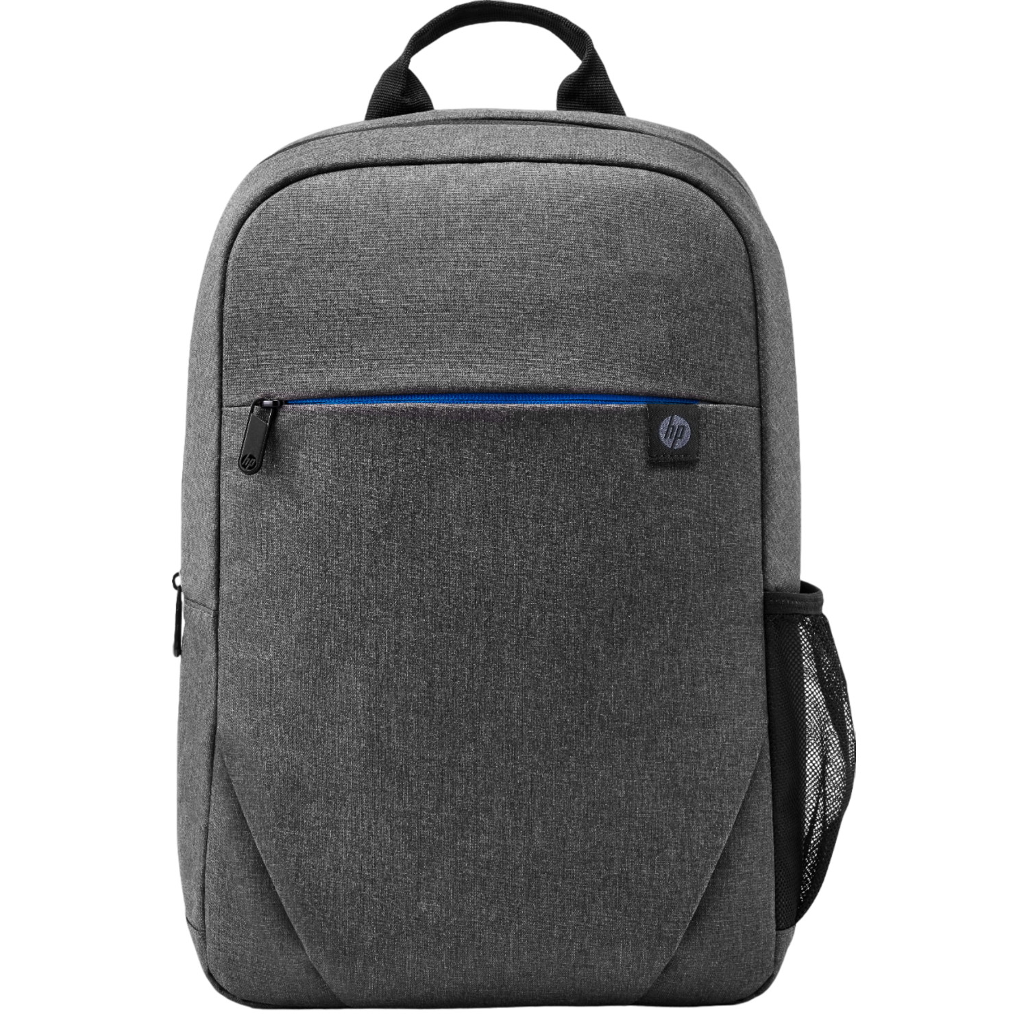 Sac à dos gris avec fermeture éclair noire, contour bleu et logo HP.