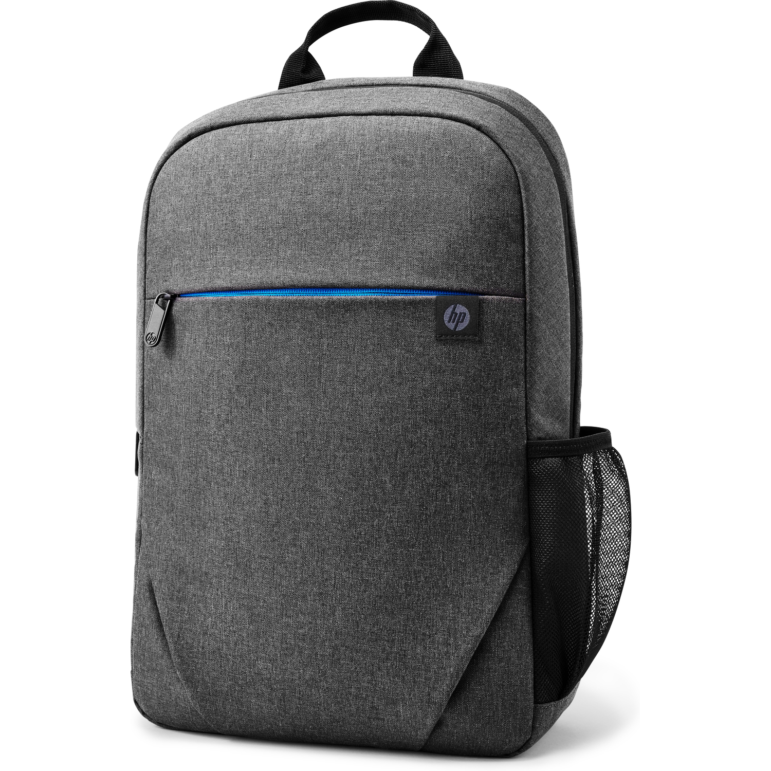 Un sac à dos HP gris avec une fermeture éclair bleue et une poche latérale en filet sur fond blanc.