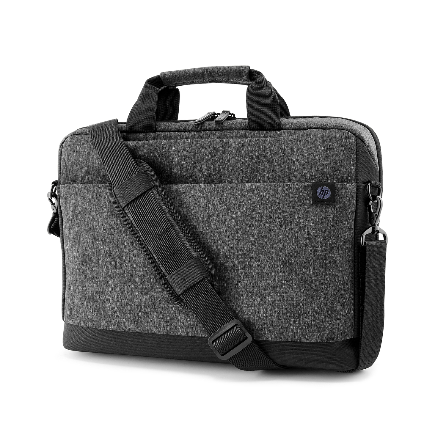 A gray HP laptop bag with a shoulder strap.