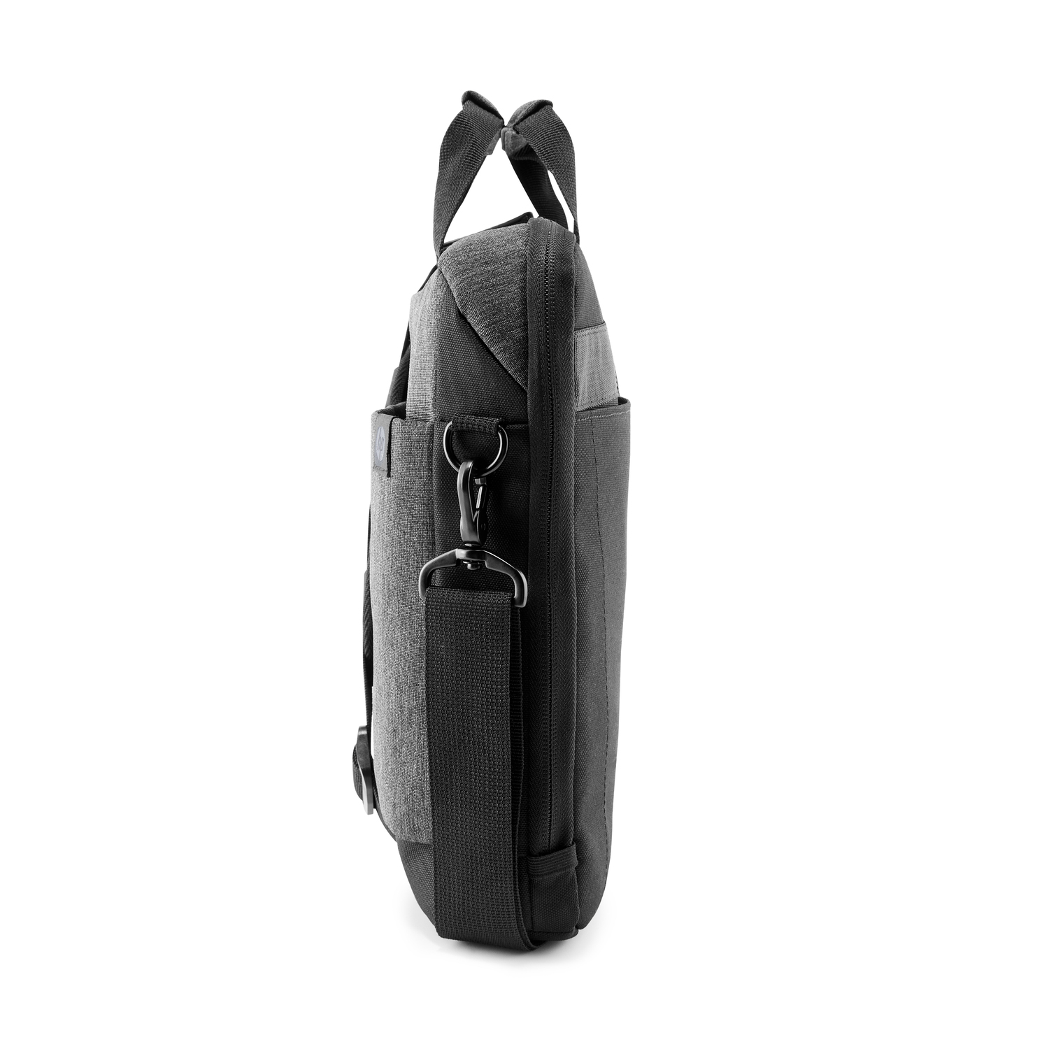 A gray laptop bag, side view, with handle and strap. White background.